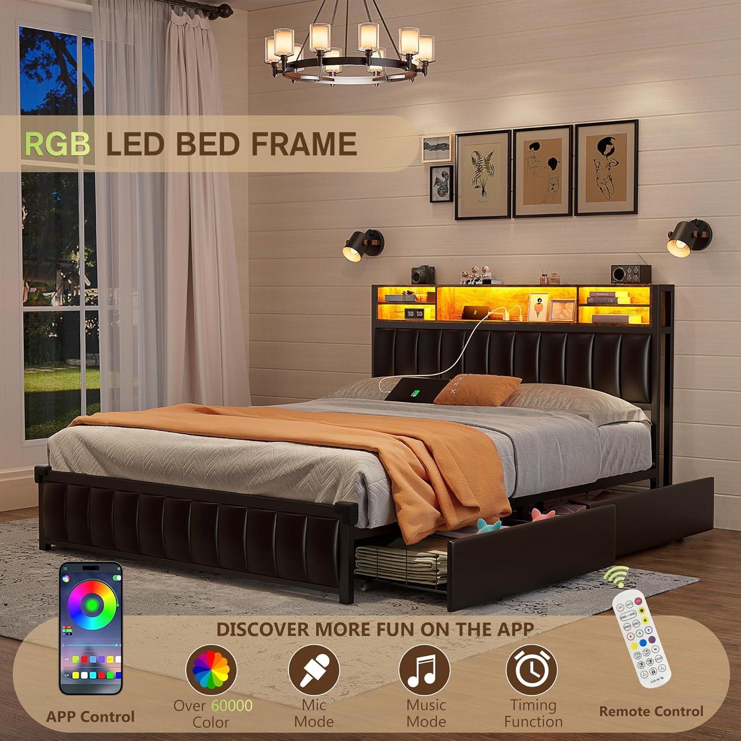 Ivy Bronx Kanchi Upholstered Metal Platform LED Bed Frame with 4 Storage Drawers and Bookcase Headboard, Black