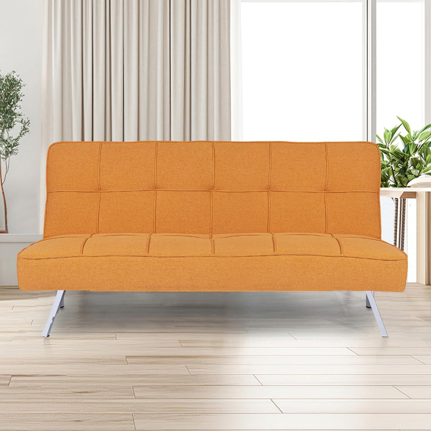 Modern Futon Sofa Bed - Compact Design for Small Spaces - Convertible Futon with Linen Fabric for Premium Comfort - Ideal Guest Couch - Stylish & Durable, Supports up to 750 lbs. - Tangerine