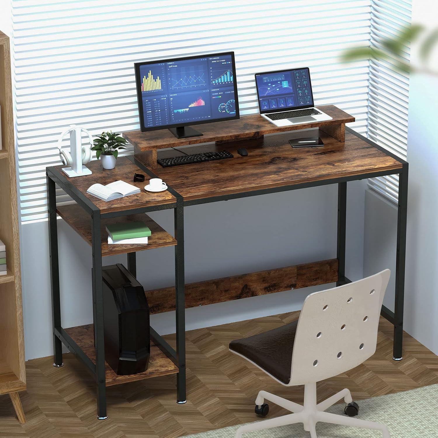 47'' Rustic Brown Adjustable Height Gaming Desk with Monitor Stand