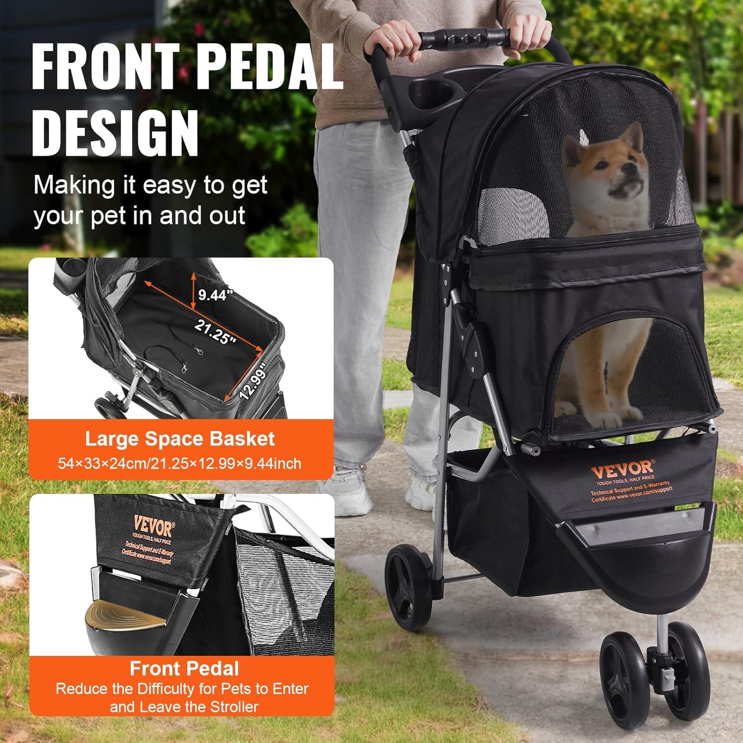 Black 3-Wheel Folding Pet Stroller with Storage Basket