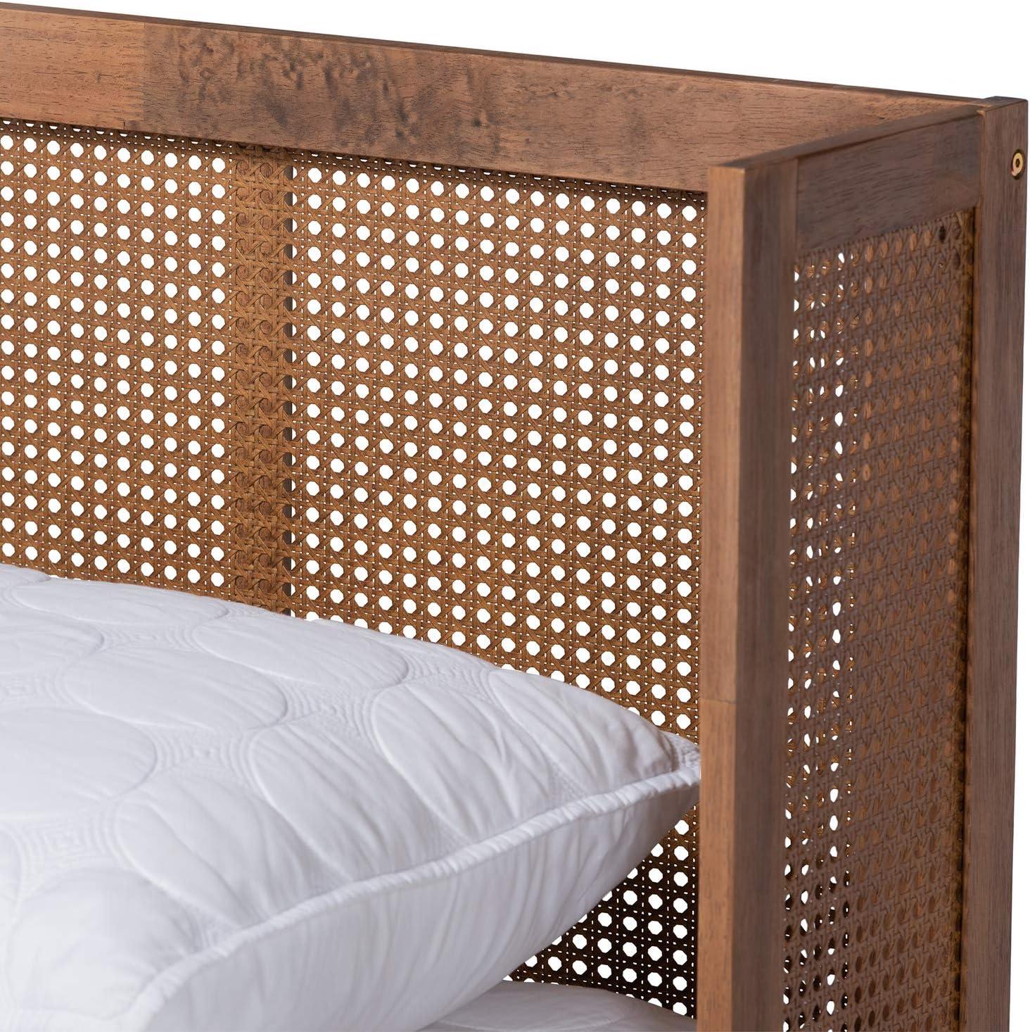 Queen Rina Wood Platform Bed with Headboard Ash Walnut - Baxton Studio: Mid-Century Modern Design, Synthetic Rattan Panel