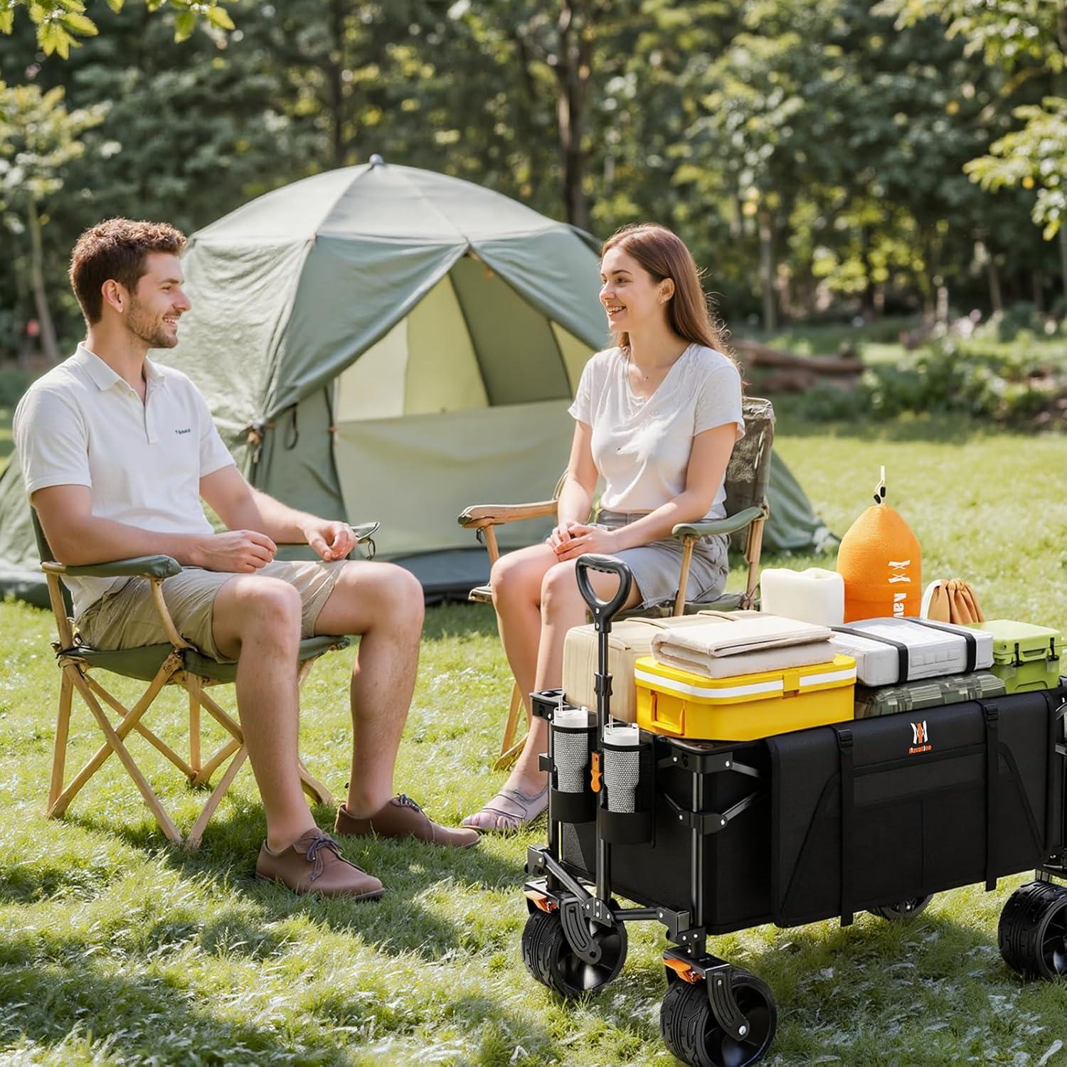 140L Collapsible Wagon Cart Foldable, Folding Utility Grocery Cart with Side Pocket and Brakes for Shopping, Sports, Camping and Garden, Black