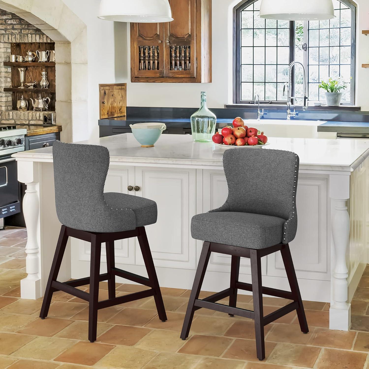 Gray Linen Swivel Counter Height Bar Stools with Wood Legs, Set of 3