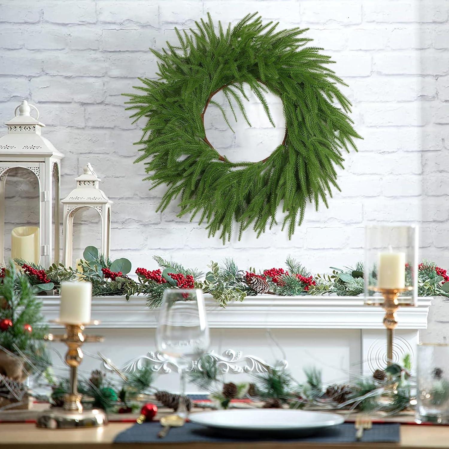 24" Pine Wreath for Front Door Artificial Christmas Wreath Green Faux Pine Wreath for Wall Windows Mantle Outdoor Christmas Decoration