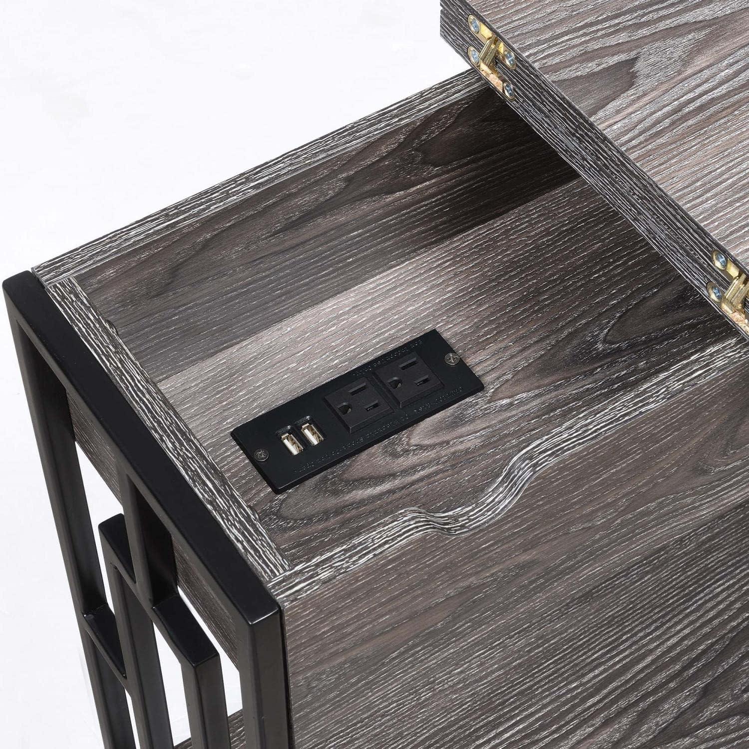 Weathered Gray and Black Wood-Metal End Table with Charging Station