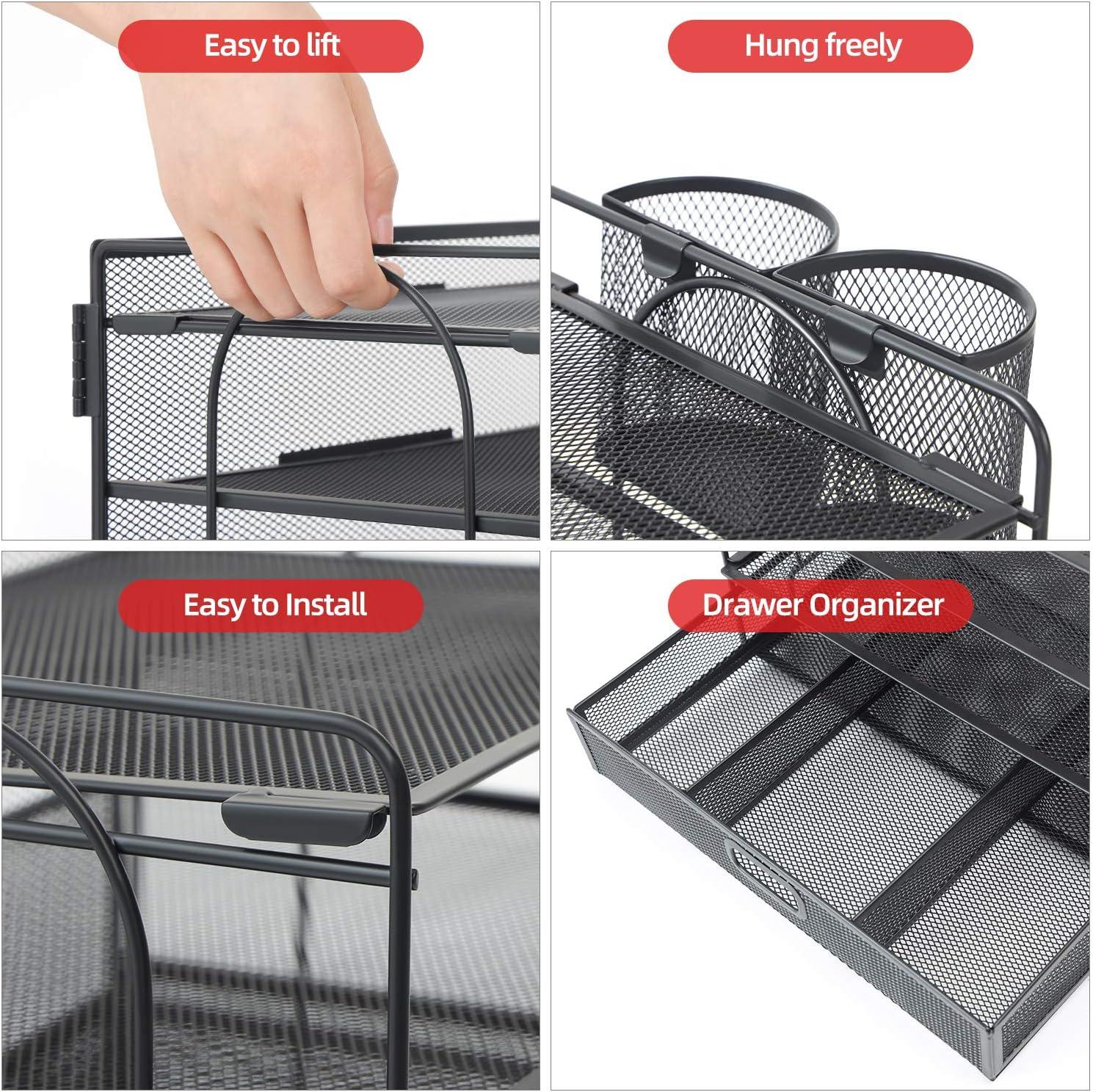 4-Trays Desktop File Organizer with Pen Holder , Paper Letter Tray with Drawer and 2 Pen Holder, Mesh Office Supplies Desk Organizer for Home Office (Black)