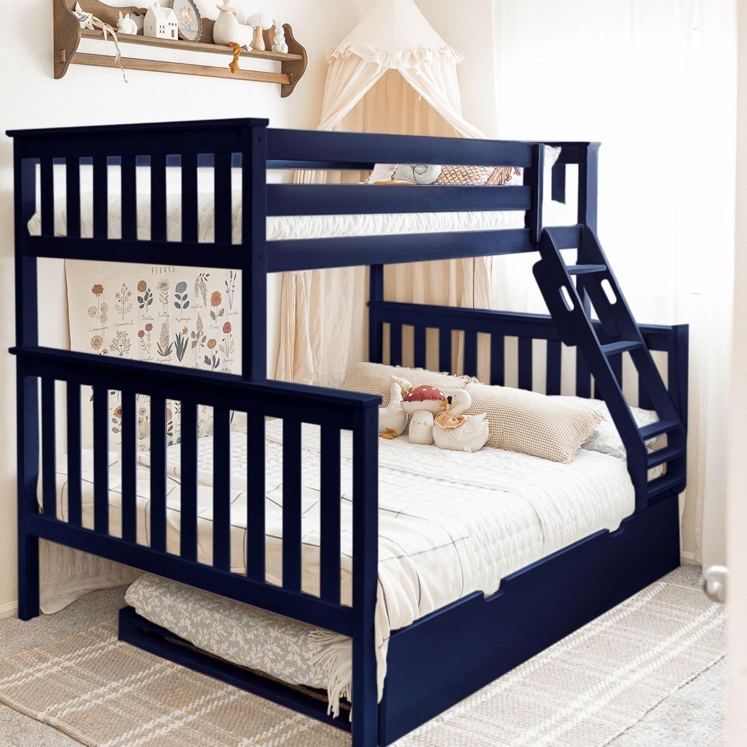 Max & Lily Solid Wood Twin over Twin Bunk Bed with Storage Trundle for Kids, Pecan