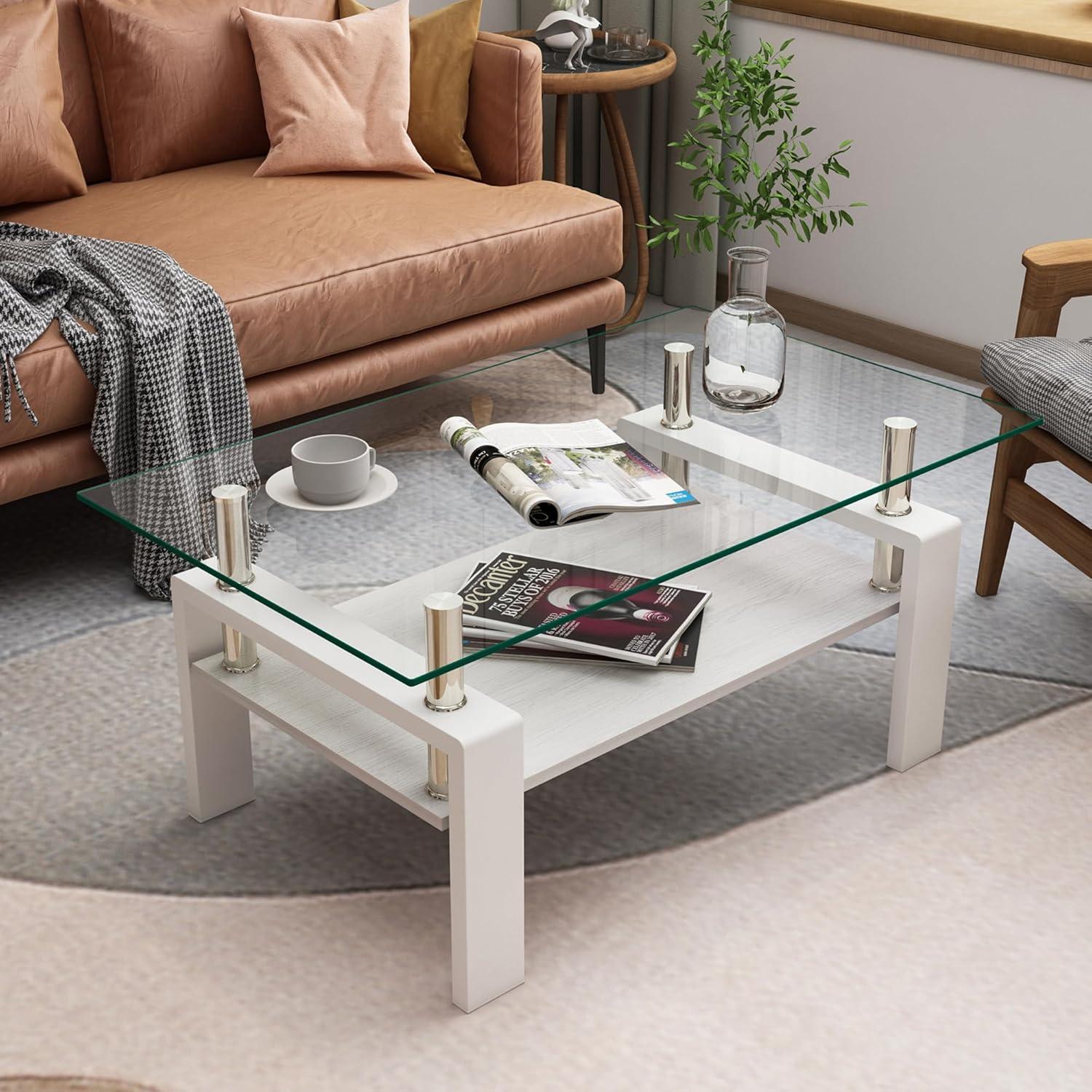 Glass Coffee Table for Living Room, Rectangle Glass Coffee Table with Storage Shelf, Transparent Coffee Tabletop with White Metal Legs for Apartment, Office (Transparent Glass, White)