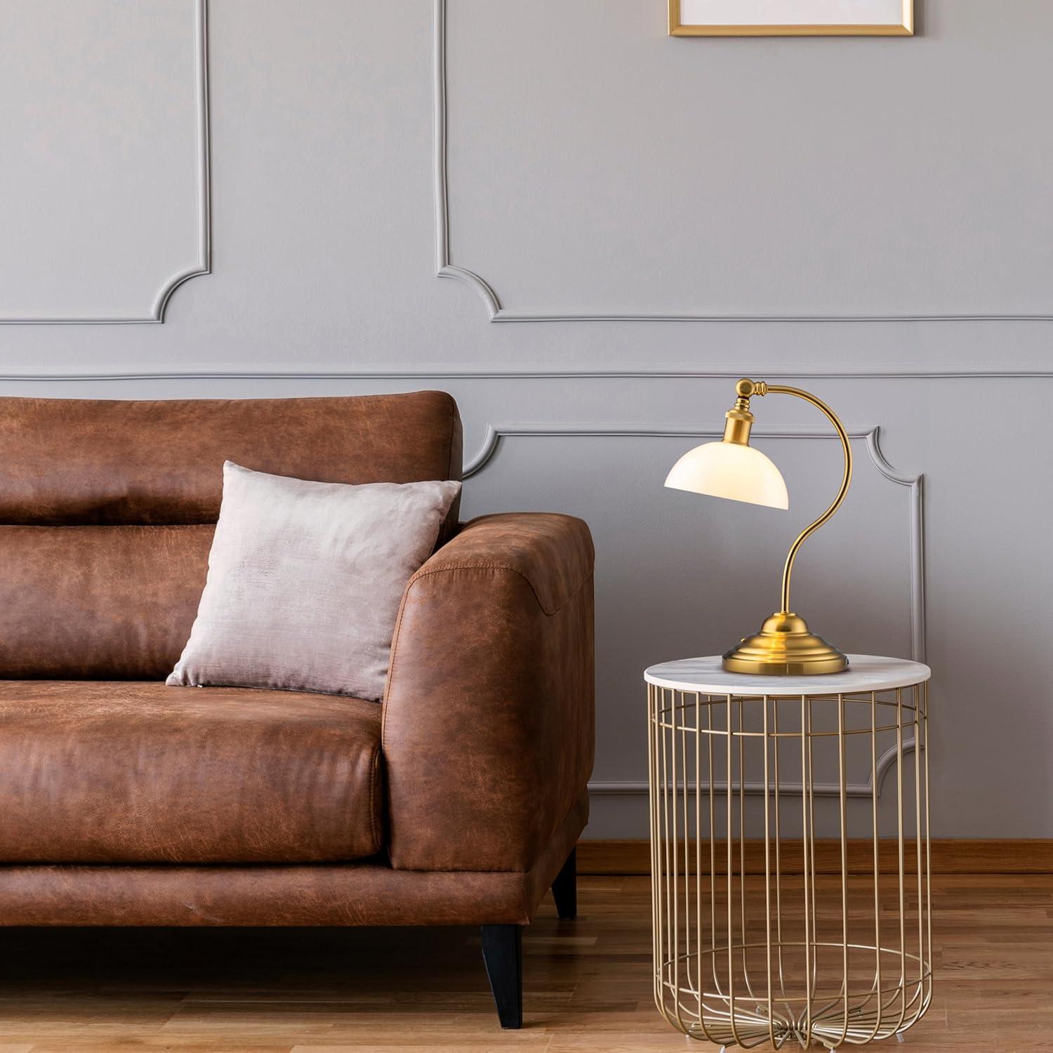 O'Bright Bankers - Cordless LED Table Lamp, Battery-Operated, Rechargeable, 3-Level Dimming, Universal USB-C Charging, 180° Swivel Head, White Jade Glass Shade, Antique Brass