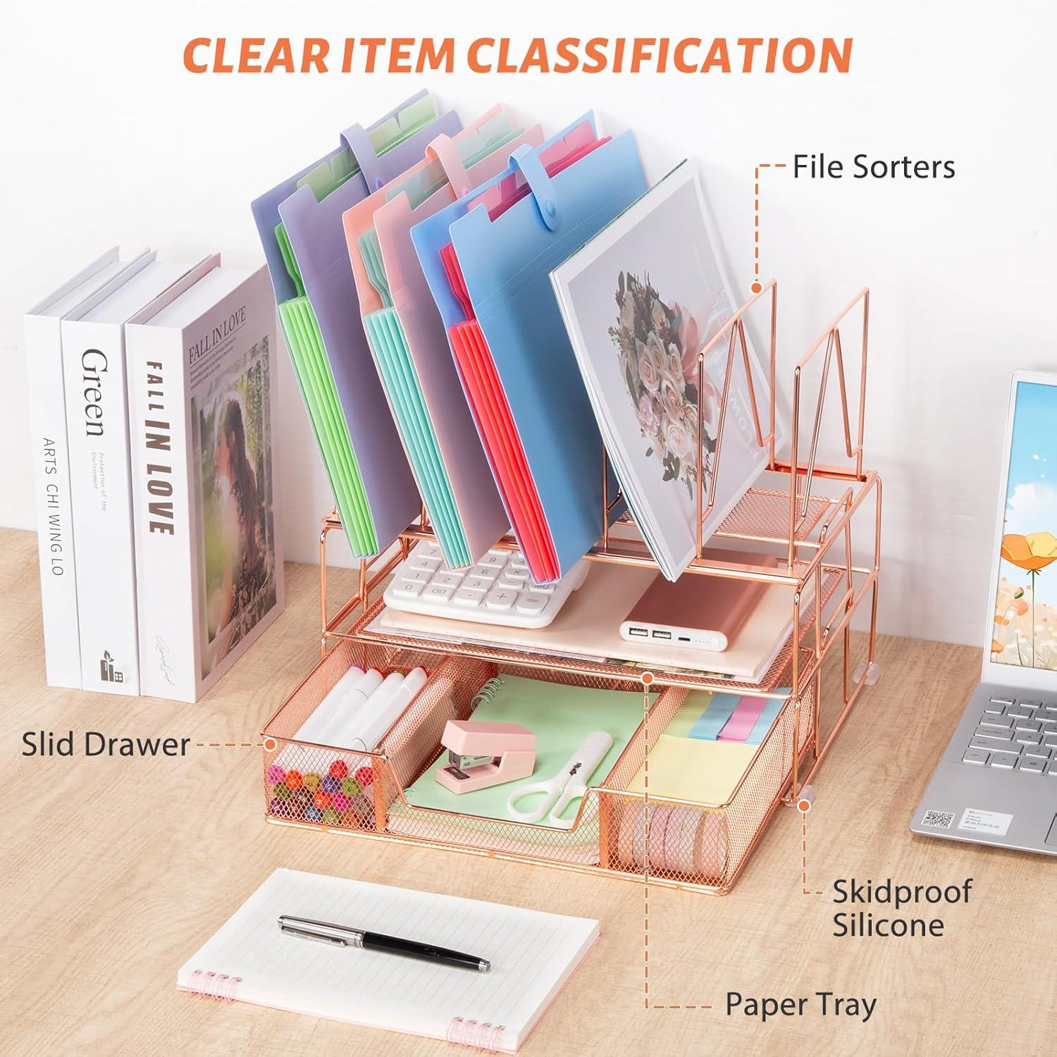 Desk Organizers and Desk Accessories - Rose Gold Desk Organizer with File Sorters, File Organizer with Drawer, Desk Accessories & Workspace Organizers for School Office Supplies