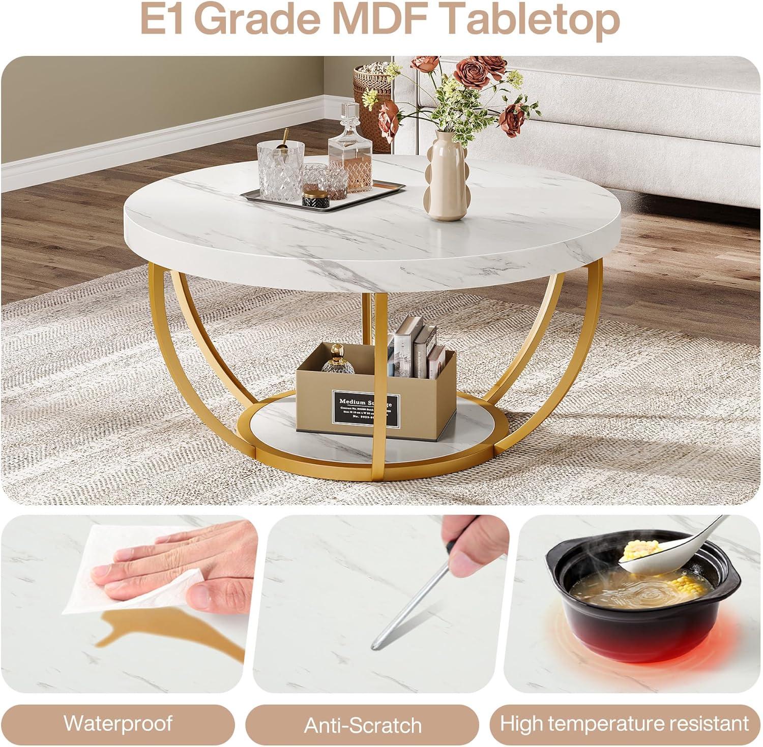 Kepooman Wooden Coffee Table, 2-Tier Round Central Cocktail Table with Shelves,White