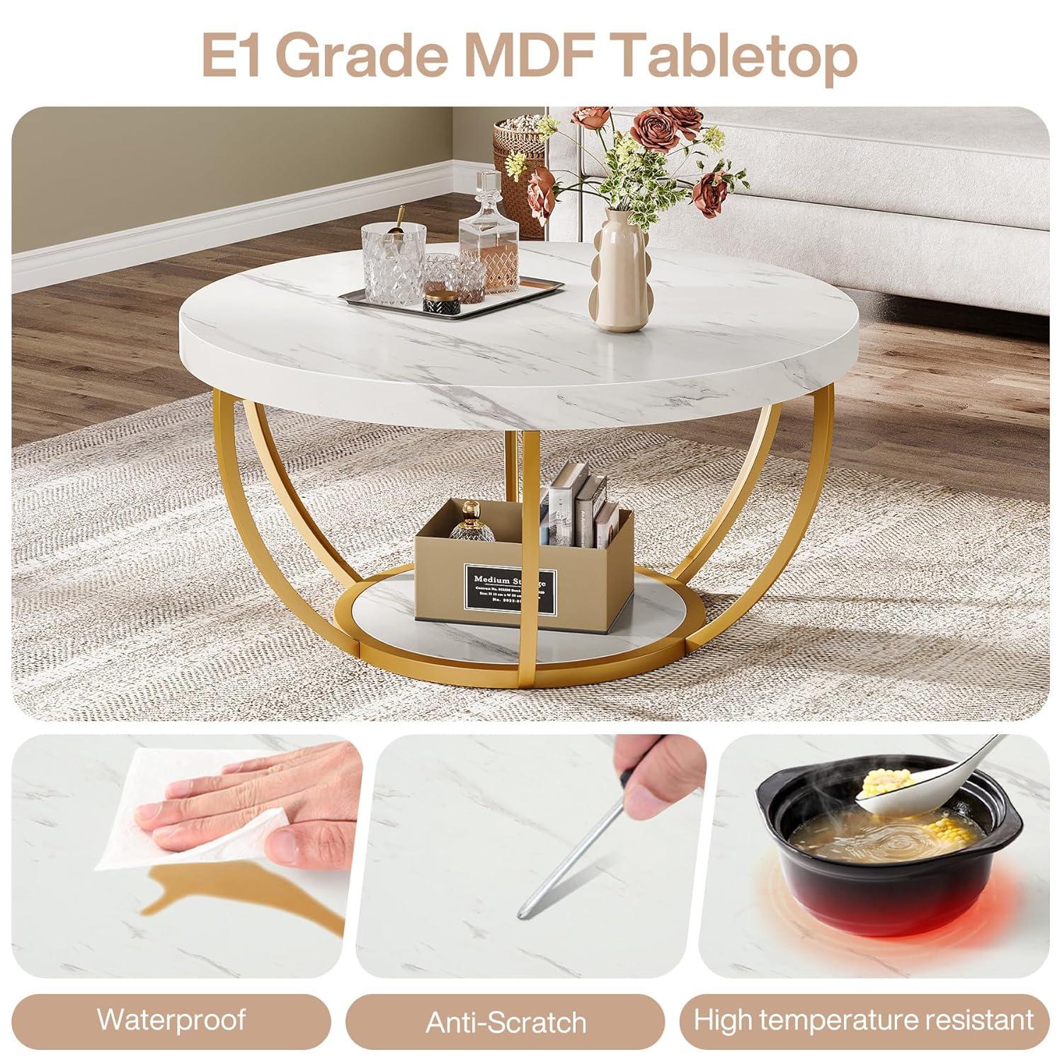 Kepooman Wooden Coffee Table, 2-Tier Round Central Cocktail Table with Shelves,White