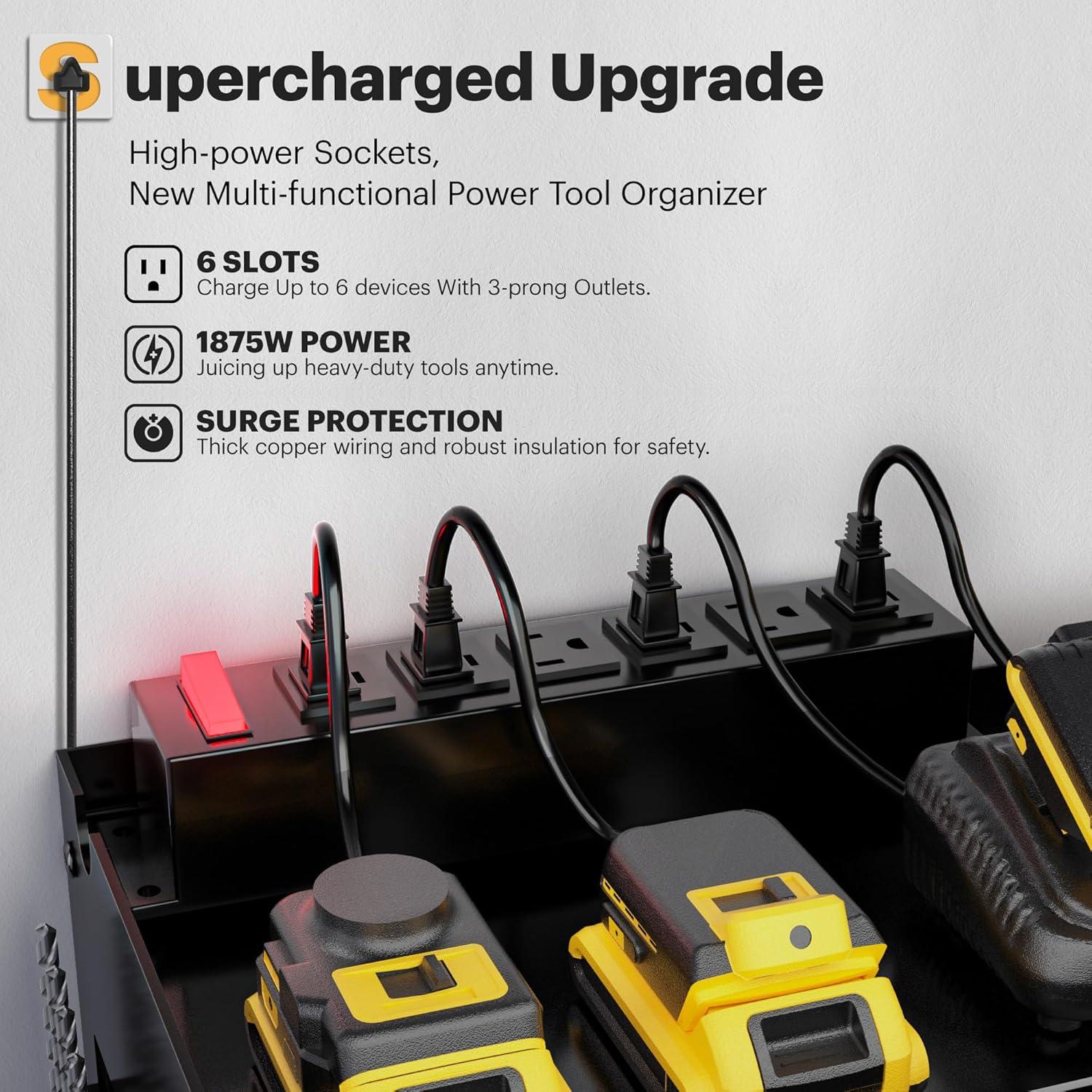 Spampur Power Tool Organizer Wall Mount with Charging Station, Garage Tool Shelf 6 Drill Holders, Tool Battery Holder with Plier holder Heavy Duty Rack, Tool Storage Rack with 4 Outlet Power Strip