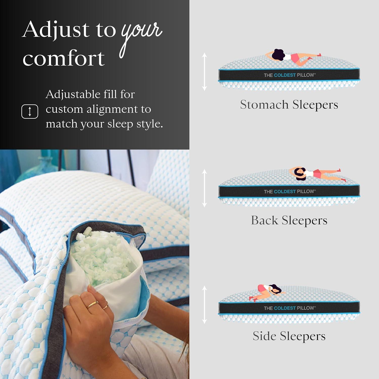 Coldest Pillow Queen - Adjustable Fill Bed Pillow, Best for Breathable Cool Sleep Relief While Sleeping