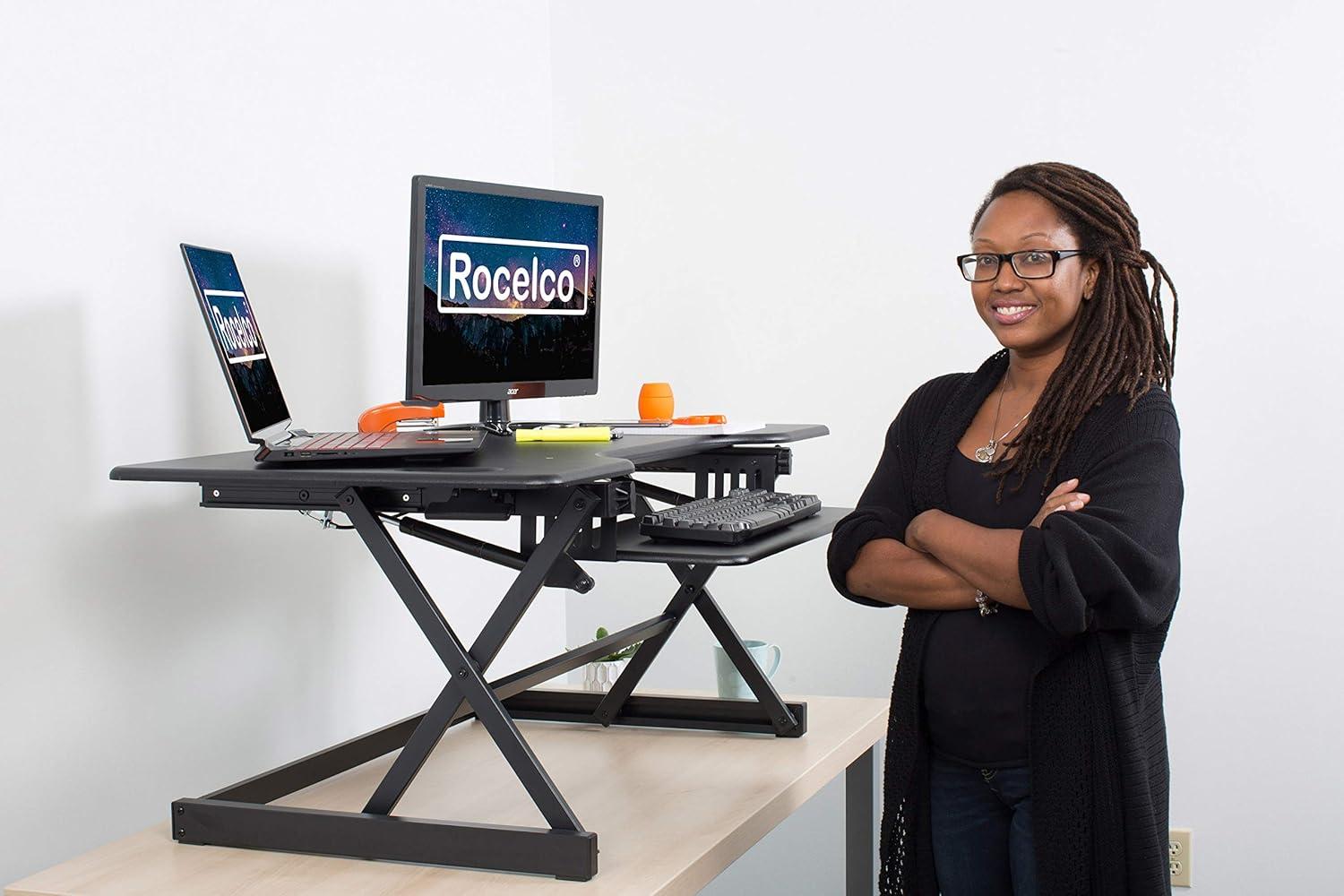 Rocelco 46" Height Adjustable Sit To Standing Desk Riser Black : Extra Large, Ergonomic Keyboard Tray, No Assembly Required