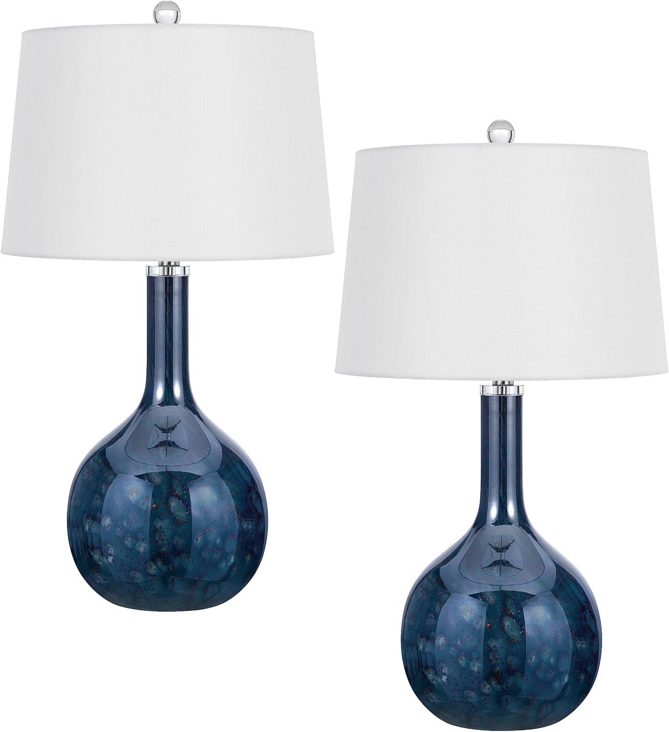 Kemi Deep Blue Glass Gourd Table Lamp Set with White Shades