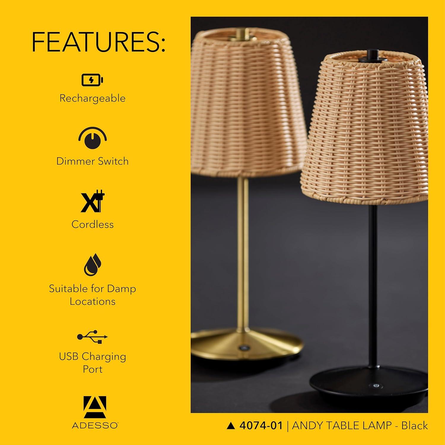 Adesso Benny Cordless Table Lamp (Includes LED Light Bulb) Black: ETL Listed, Touch Sensor, 3-Way Light Settings