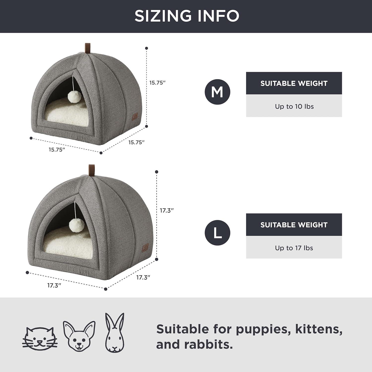 Bedsure Cat Beds for Indoor - 2 in 1 Cat Cave House Tent for Kittens and Small Pets with Removable Washable Cushioned Pillow, Foldable Kitten Hideaway with Non-Slip Bottom, Grey, 16 inches