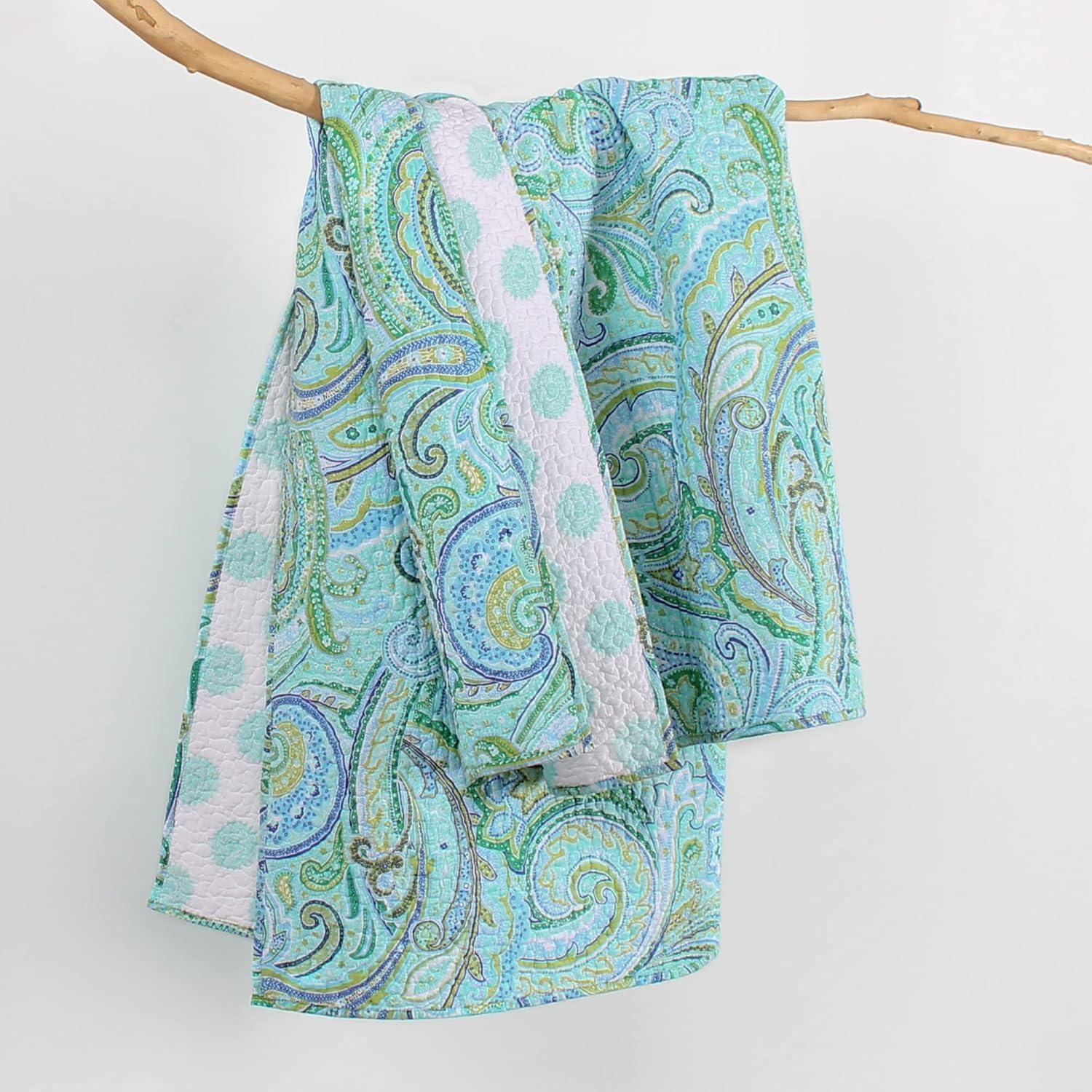 Teal and Green Cotton Reversible Paisley Throw Blanket 50x60in