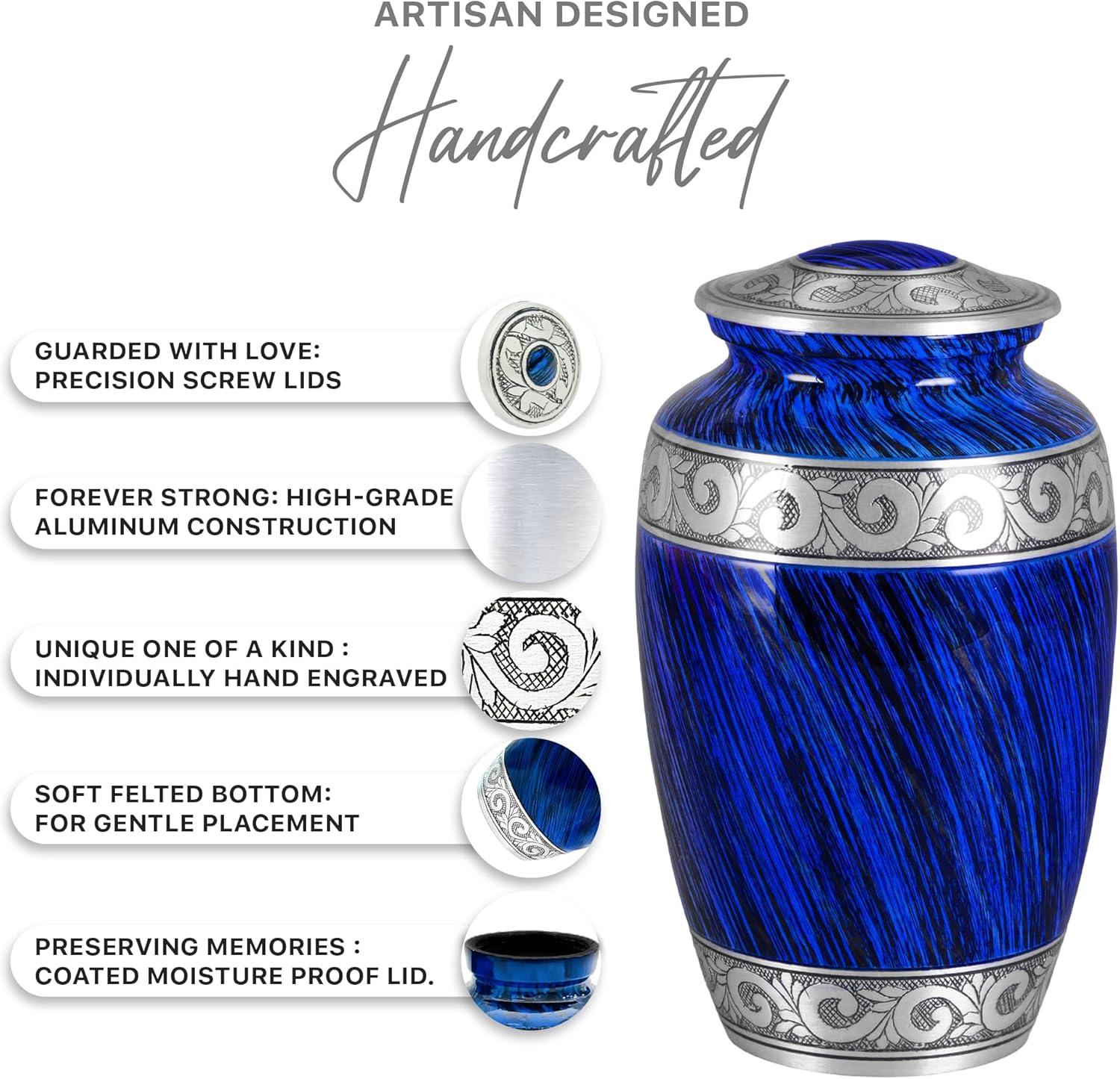 Hand-Engraved Blue Metal Urn with Necklace for Ashes