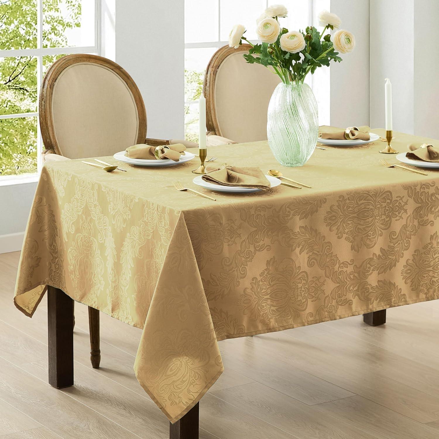 Barcelona Jacquard Damask Stain Resistant Tablecloth - 60" x 144" Rectangle - Gold - Elrene Home Fashions