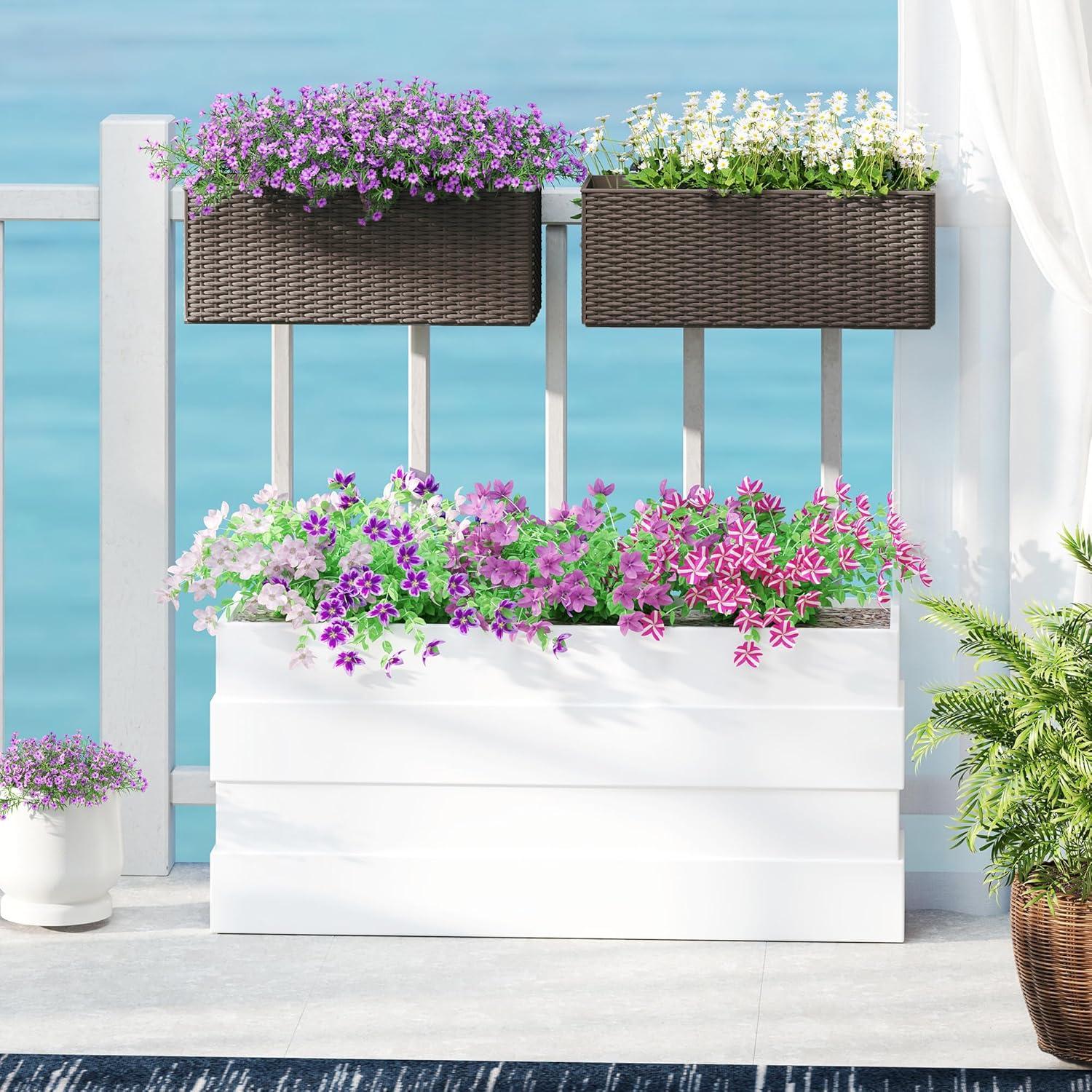 Outsunny Railing Planter Box (2 Pack, 20 Inch), Hanging Flower Pots with Hooks, Drainage Holes for Fence, Balcony, Garden, Patio, Rattan Look, Black