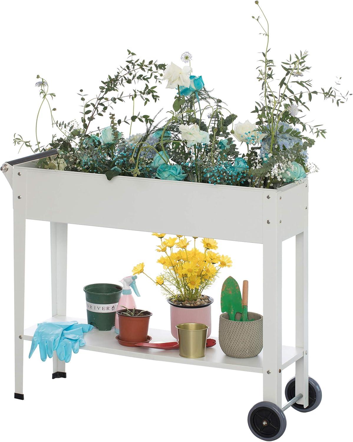 Elevated White Metal Mobile Planter Cart with Storage Shelf