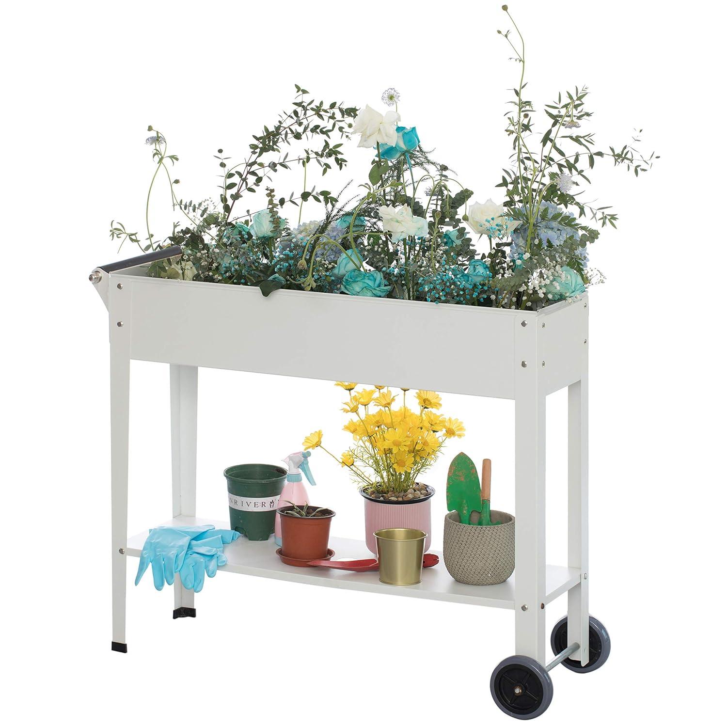 Gardenised Mobile Planter Raised Garden Bed Rectangular Flower Cart with Shelf