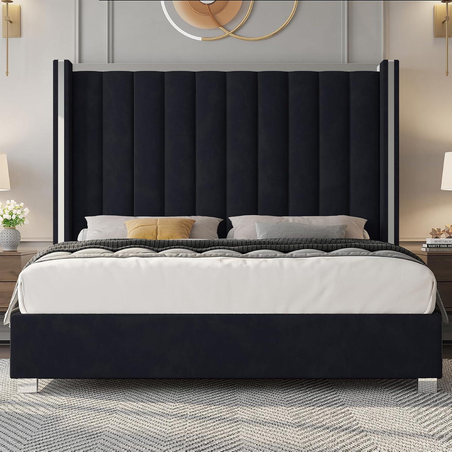 Merluxy King Size Bed Frame with 58" Tall Headboard, Velvet Upholstered Platform Bed with Channel Tufted Wingback Headboard and Plating Trim, Cream