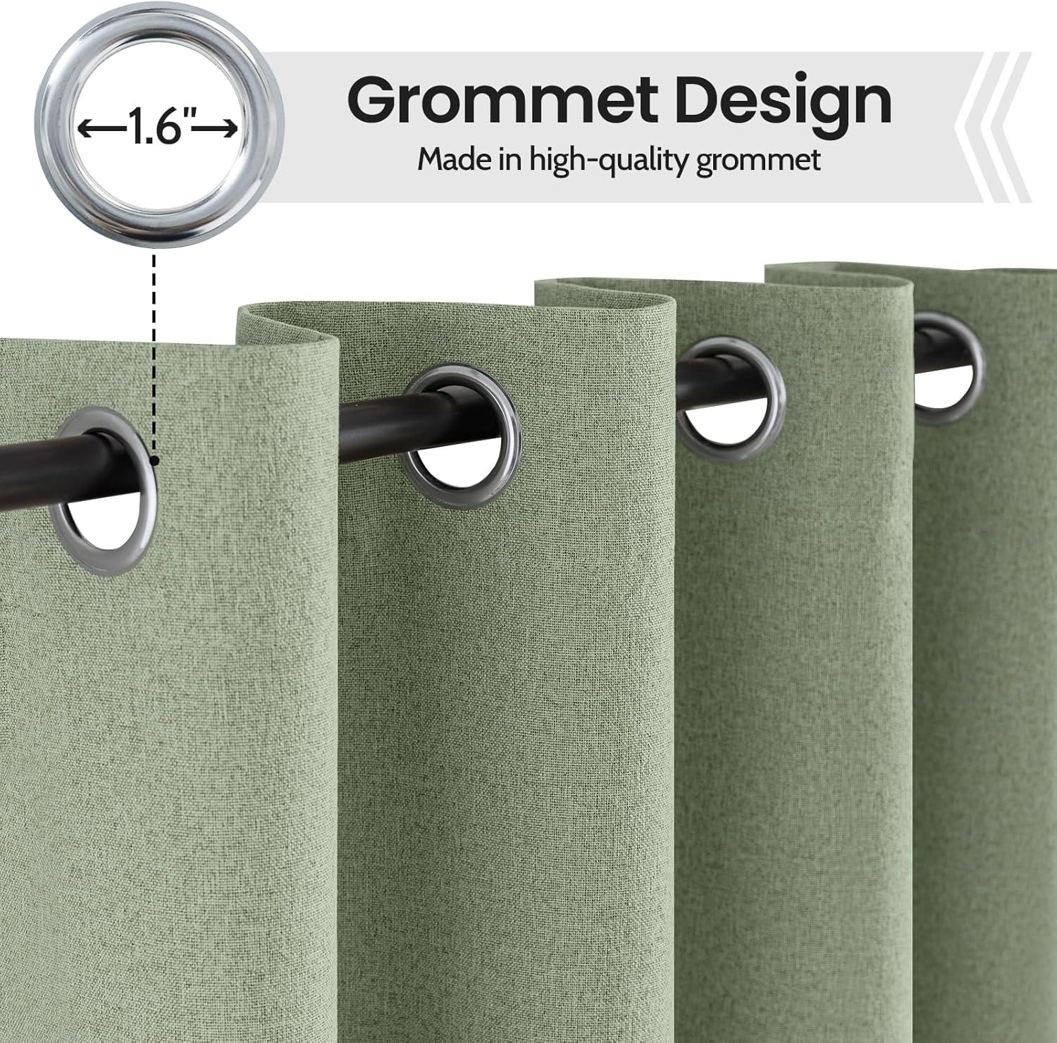 COSVIYA 100% Blackout Sage Green Linen Curtains & Drapes 84 Inch Length 2 Panels Set, Full Room Darkening Grommet Insulated Thermal Window Panels for Bedroom/Living Room,52x84 inches