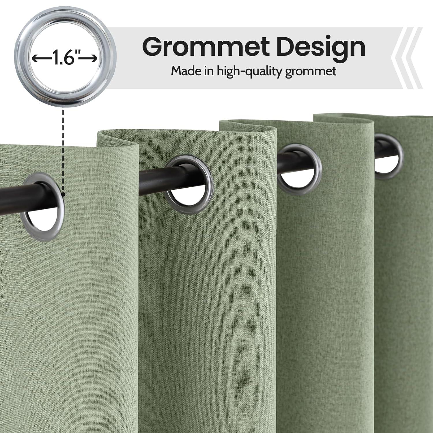 COSVIYA 100% Blackout Sage Green Linen Curtains & Drapes 84 Inch Length 2 Panels Set, Full Room Darkening Grommet Insulated Thermal Window Panels for Bedroom/Living Room,52x84 inches
