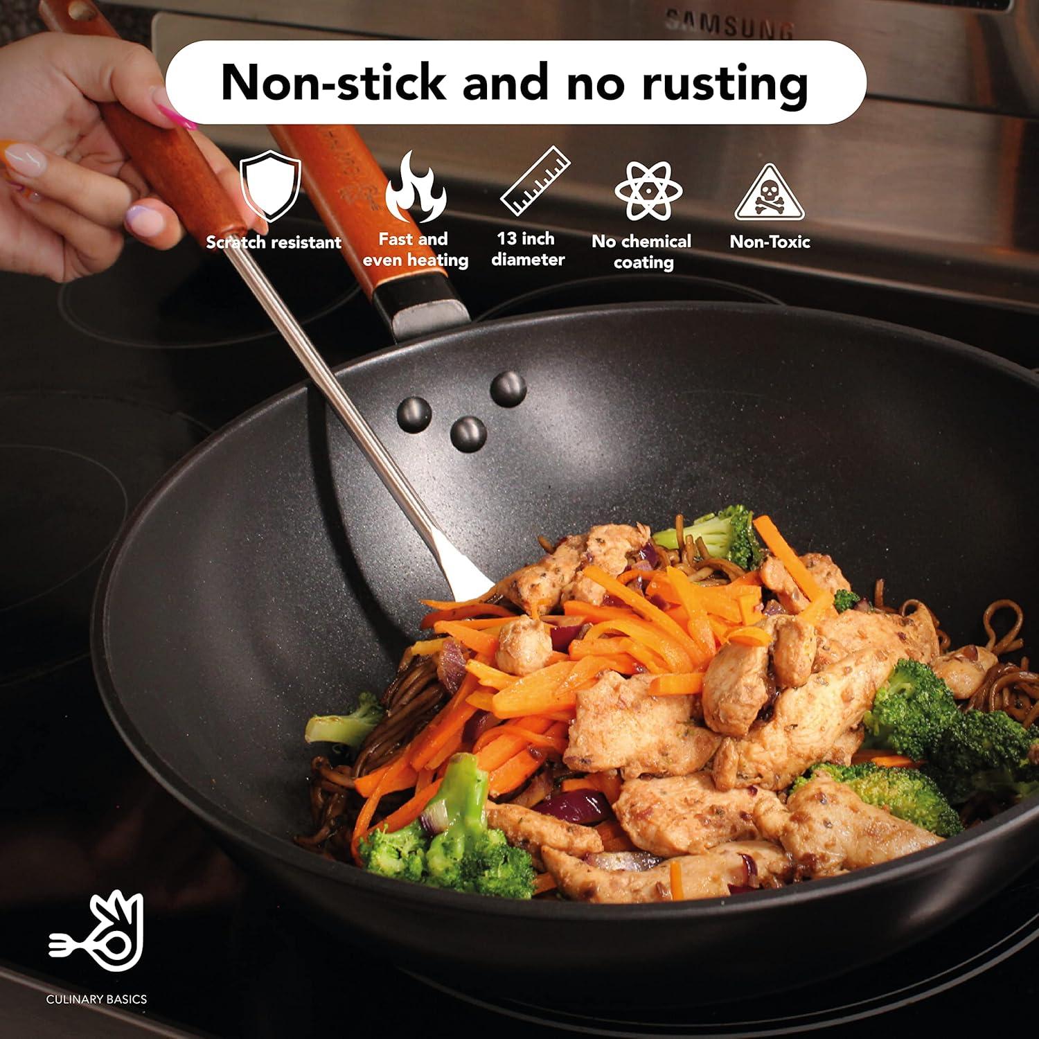 Carbon Steel Wok, 13 Inch Wok Pan with Lid and Spatula, Nonstick Woks and Stir-fry Pans, No Chemical Coated Flat Bottom Chinese Wok for Induction, Electric, Gas, All Stoves