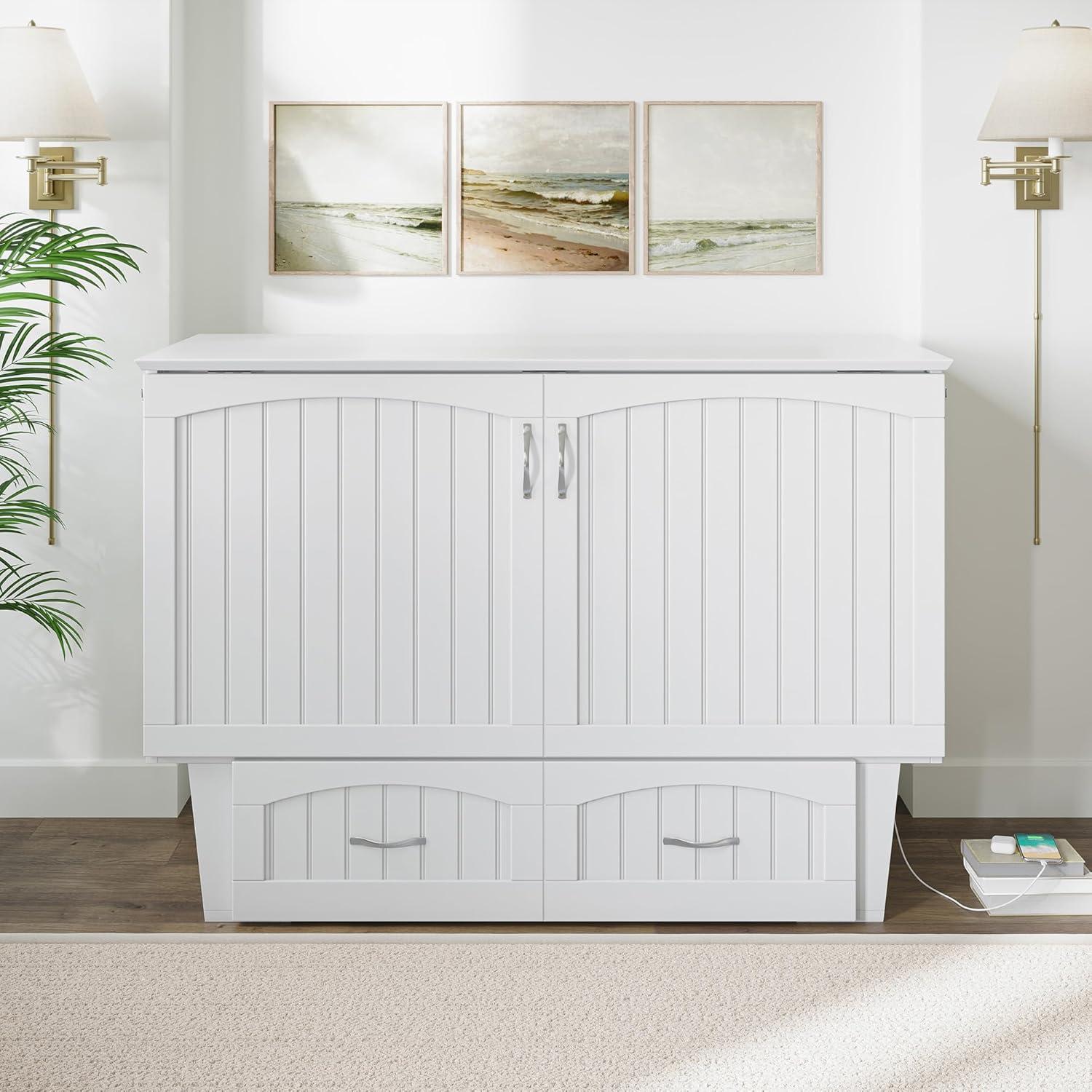 Nantucket Full Size Wood Murphy Bed Chest w/Mattress & Built-in Charger in White
