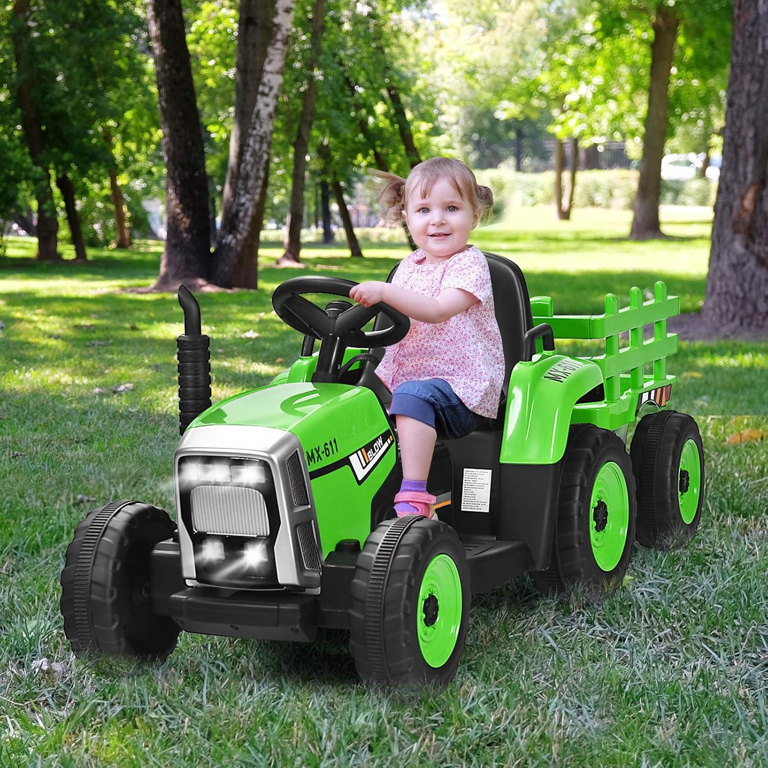 Green 12V Kids Ride-On Tractor with Trailer and Remote Control