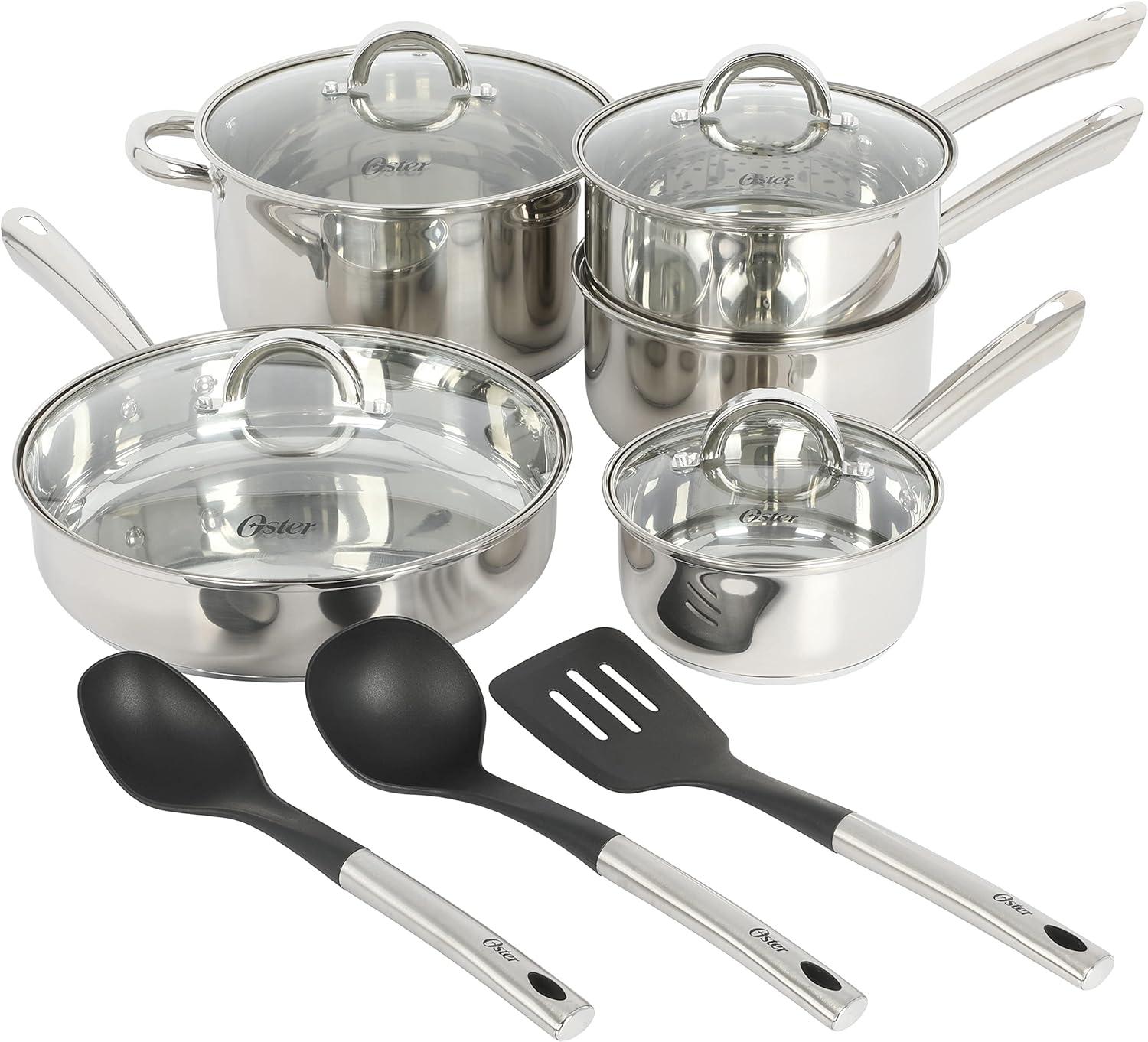 Oster Sangerfield 12 Piece Stainless Steel Cookware Set W/ Kitchen Tools