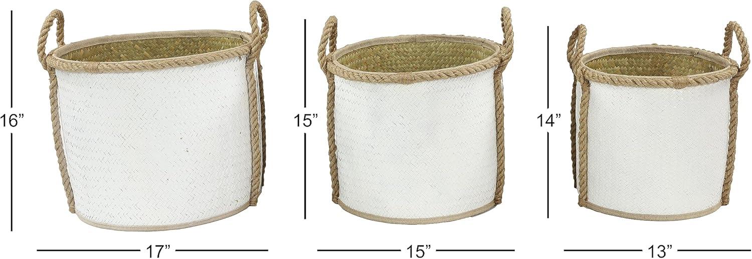 DecMode 17", 15", 13"W White Seagrass Handmade Two Toned Storage Basket with Handles, 3-Pieces