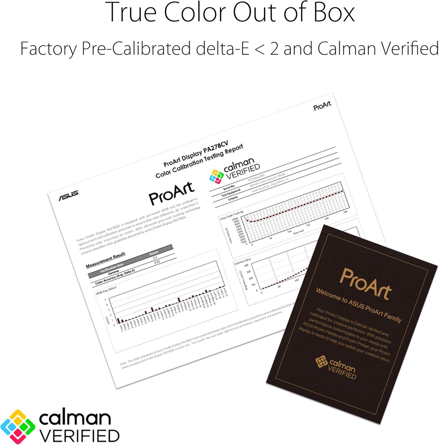 ASUS ProArt PA278CV Professional Monitor – 27", IPS, QHD (2560 x 1440), 100% sRGB, 100% Rec. 709, Color Accuracy ΔE < 2, Calman Verified, USB-C, DisplayPort Daisy-chaining, ProArt Preset,  Ergo Stand