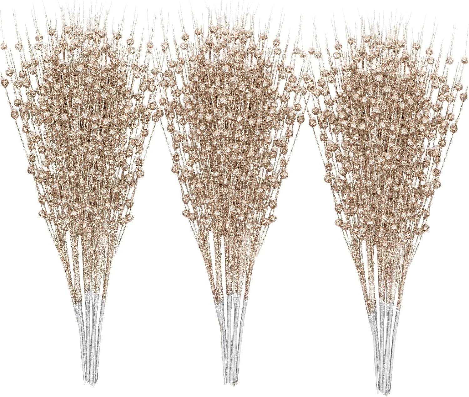 Champagne Gold Glitter Berry Stems for Christmas Decor, 30-Pack