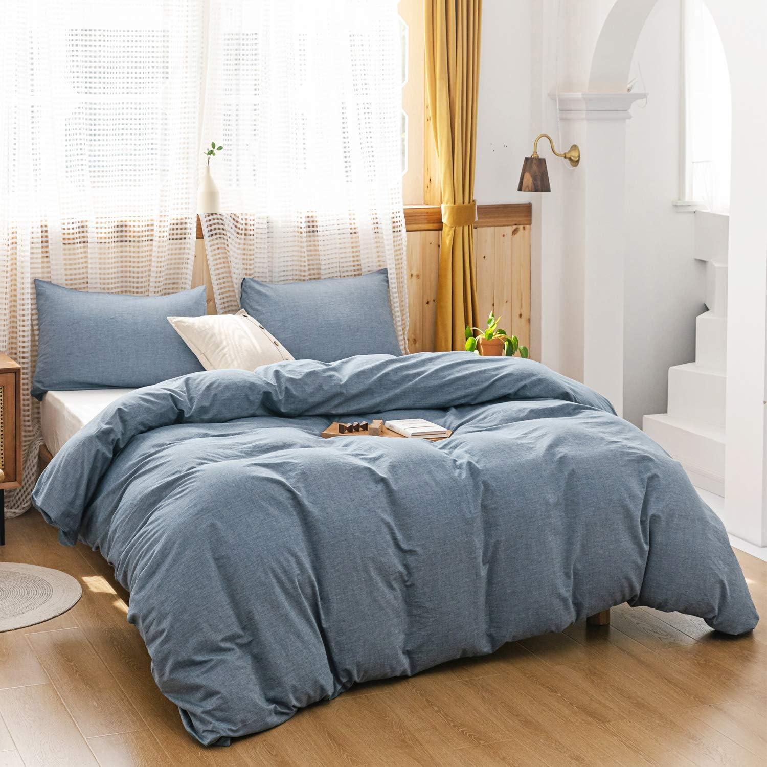 Denim Blue Cotton King Duvet Cover Set with Pillowcases