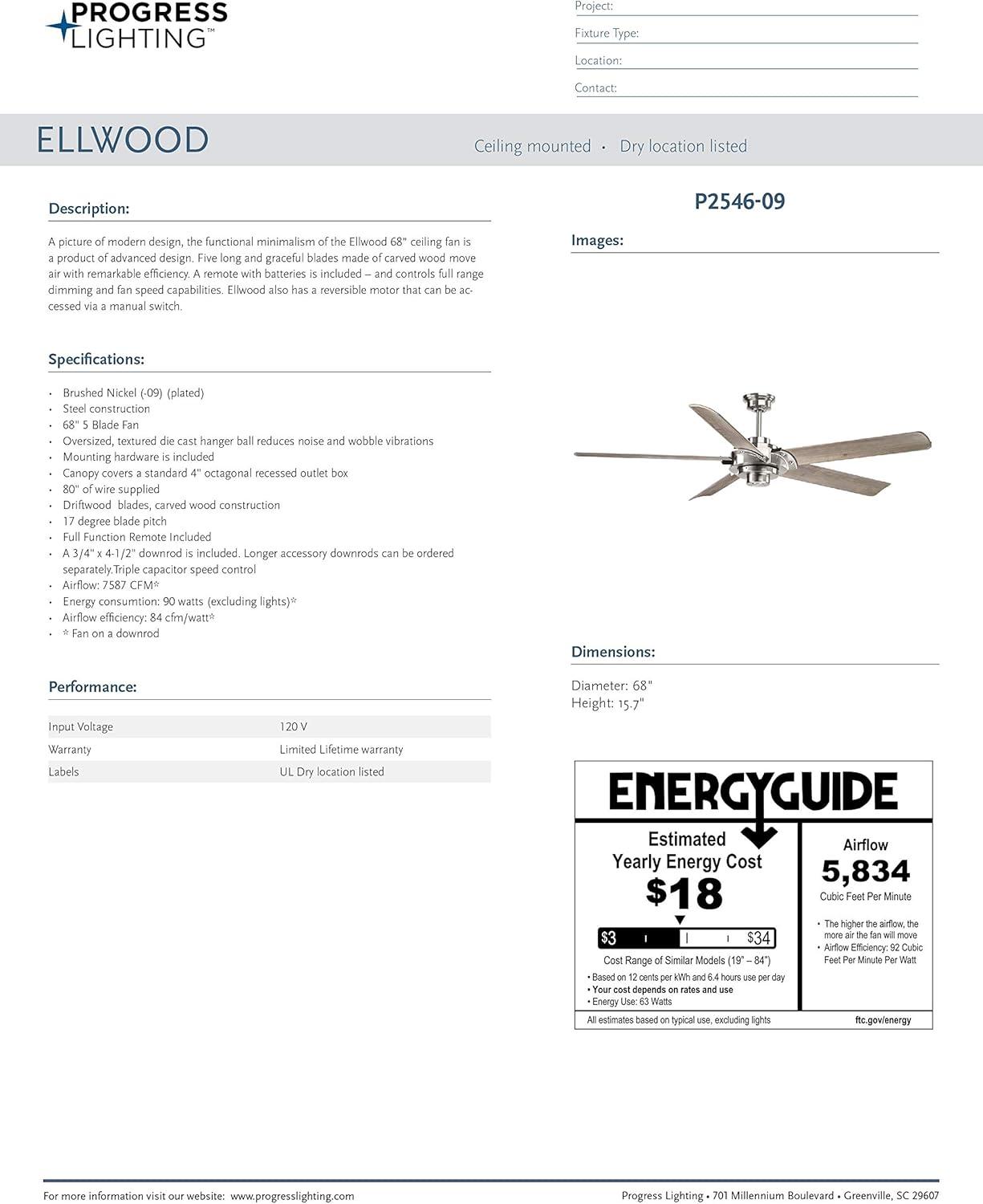 Progress Lighting Ellwood 68 Ellwood 68" 5 Blade Indoor Ceiling Fan - Nickel