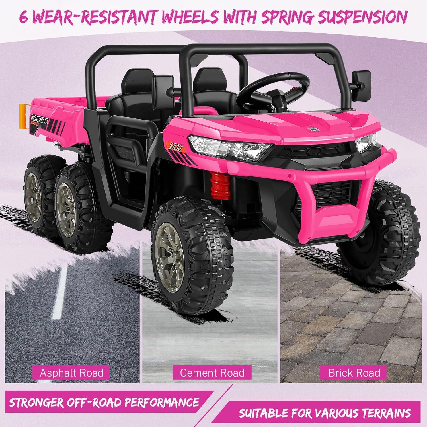 24V Kids Ride on Dump Truck with Remote Control, 2 Seater Powered 4-Wheel UTV Toys, 2x200W Ride on Tractor Car w/ Electric Dump Bed, Shovel, Bluetooth Music, Pink