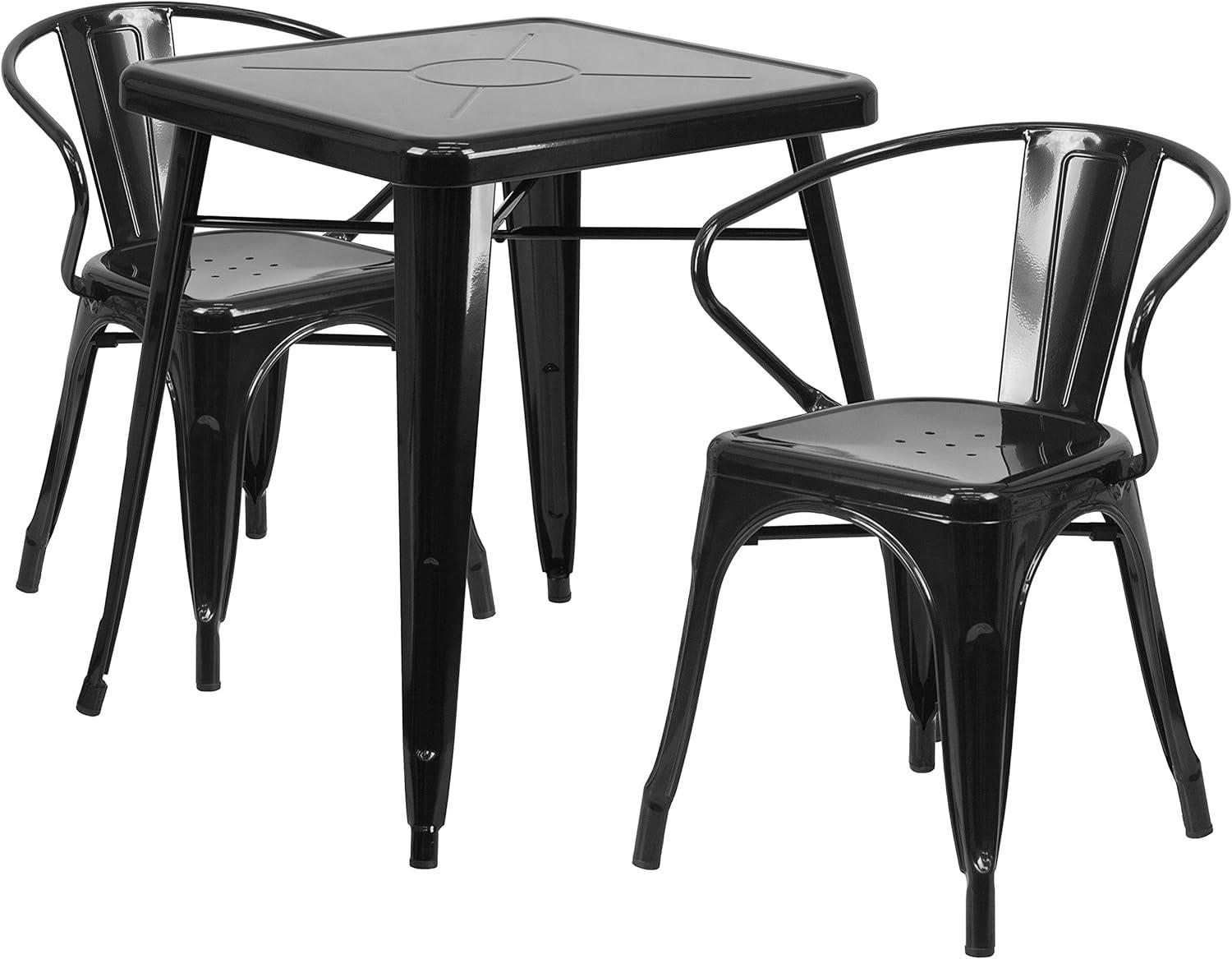 Emma and Oliver Commercial 23.75" Square Orange Metal Indoor-Outdoor Table Set-2 Arm Chairs