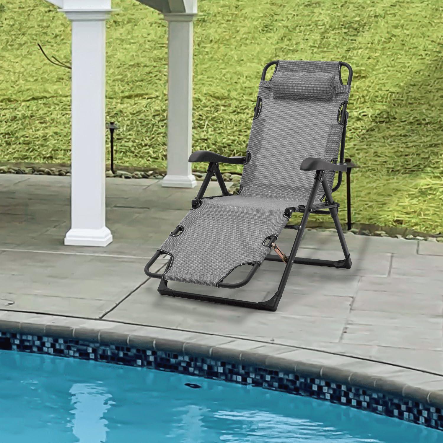 Outdoor Folding Reclining Lounge Chair Bench Chairs with Pillow