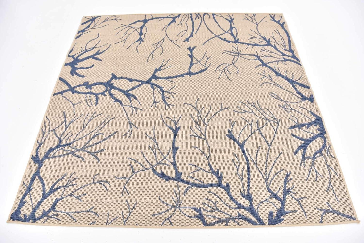 Unique Loom Outdoor Botanical Collection Area Rug - Branch (6' 1" Square Beige and Blue/Blue)