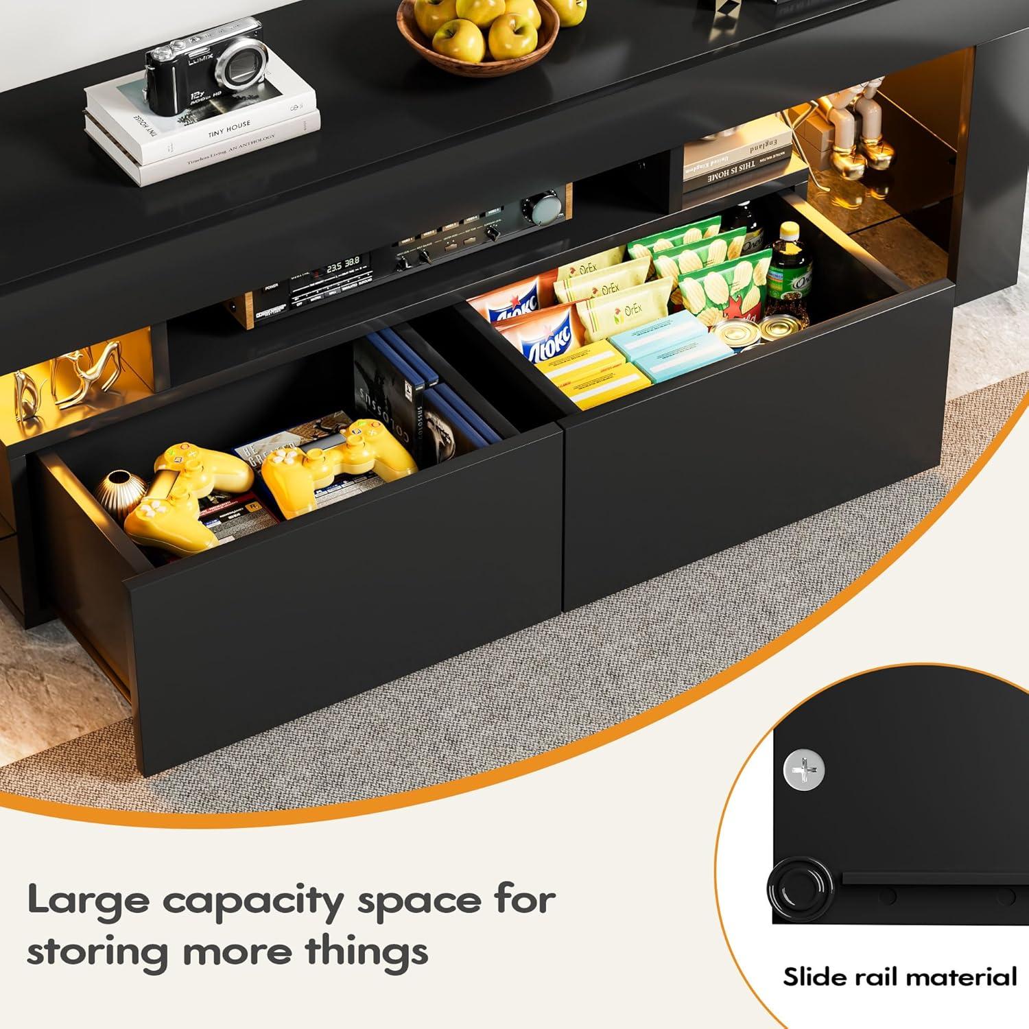 Homall  TV Stand for 65-Inch TV with Led Lights, High Gloss Cabinet and Storage Rack, Gaming Console Entertainment Center in Living Room Bedroom Media Floor,Black