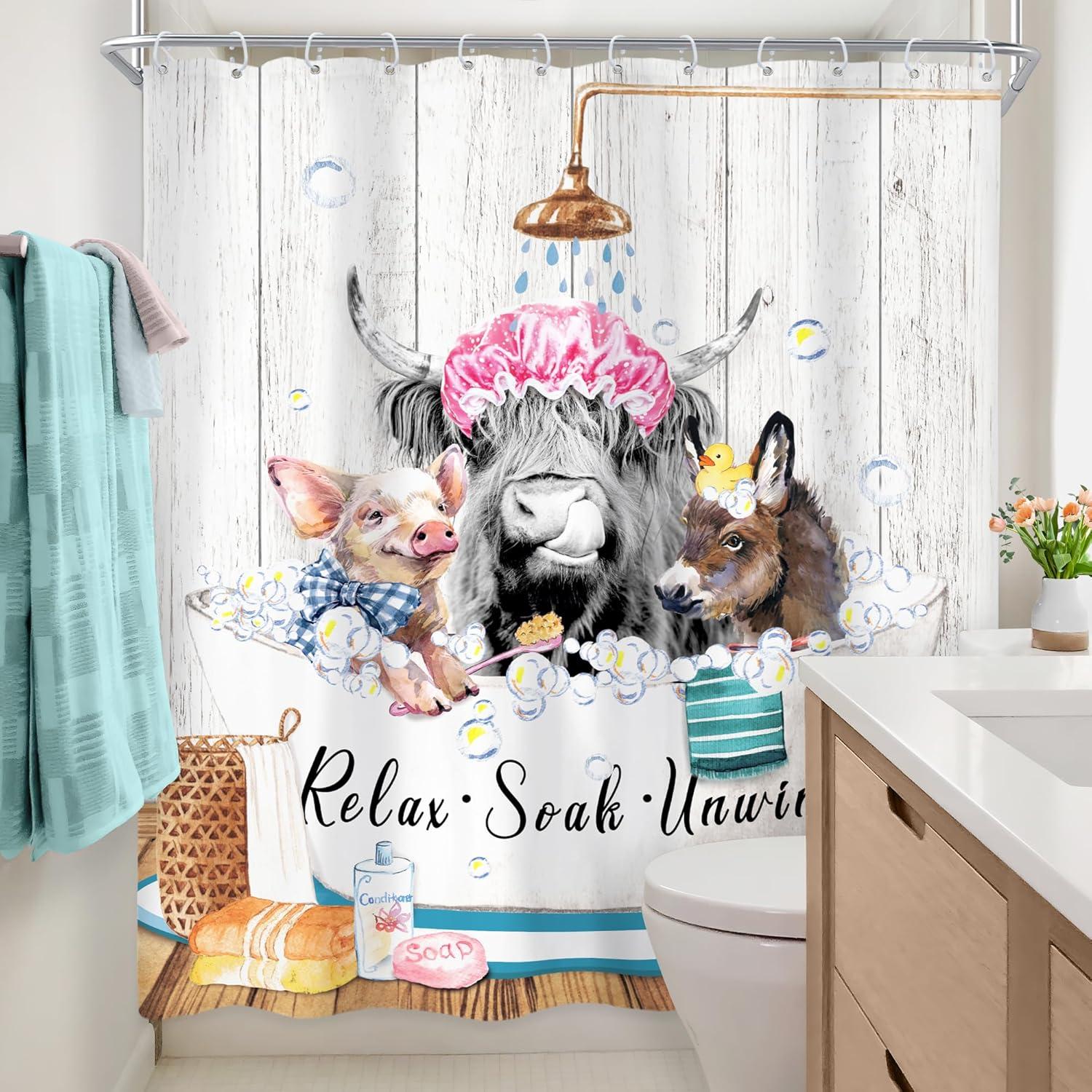 Funny Highland Cow Shower Curtain 60Wx72H Inch Bull Western Cattle Donkey Pig in Bathtub Rustic Shower Curtain Bathroom Set Farmhouse Animal Waterproof Bath Decoration Accessories Home Decor