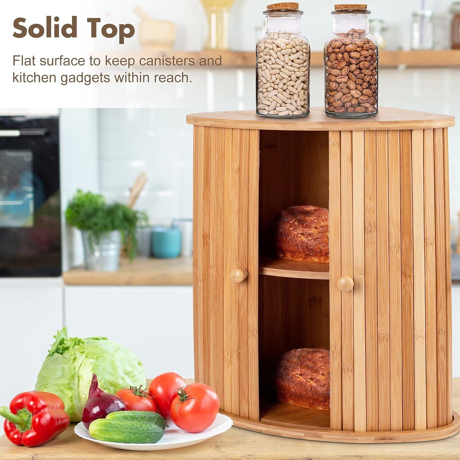 Natural Bamboo 2-Layer Corner Bread Box for Kitchen Countertop