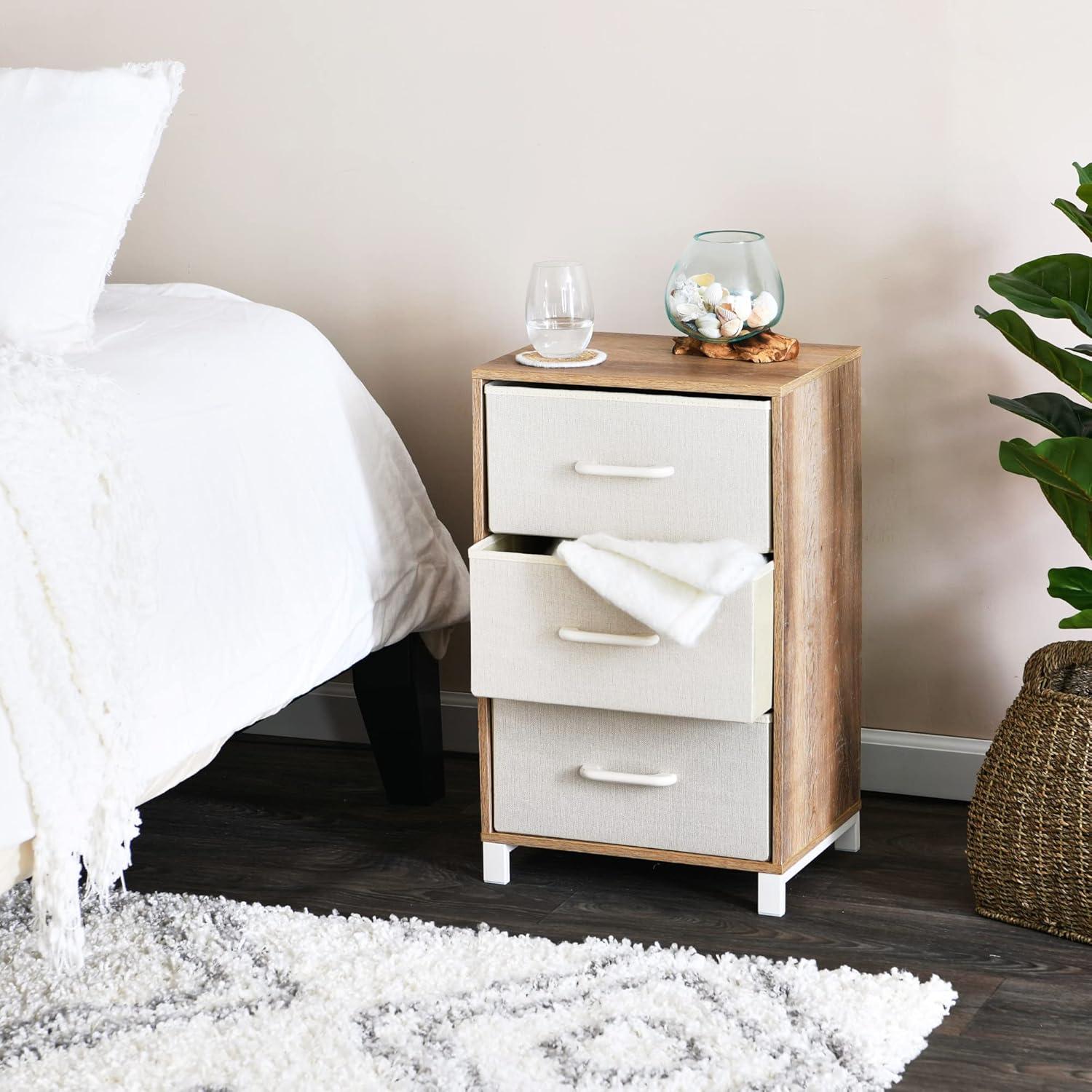 Household Essentials 3 Drawer Dresser, Narrow Storage Chest, Multi-Color Drawers, Wire Backing and Metal Feet, Wood Handles, Coastal Oak Laminate