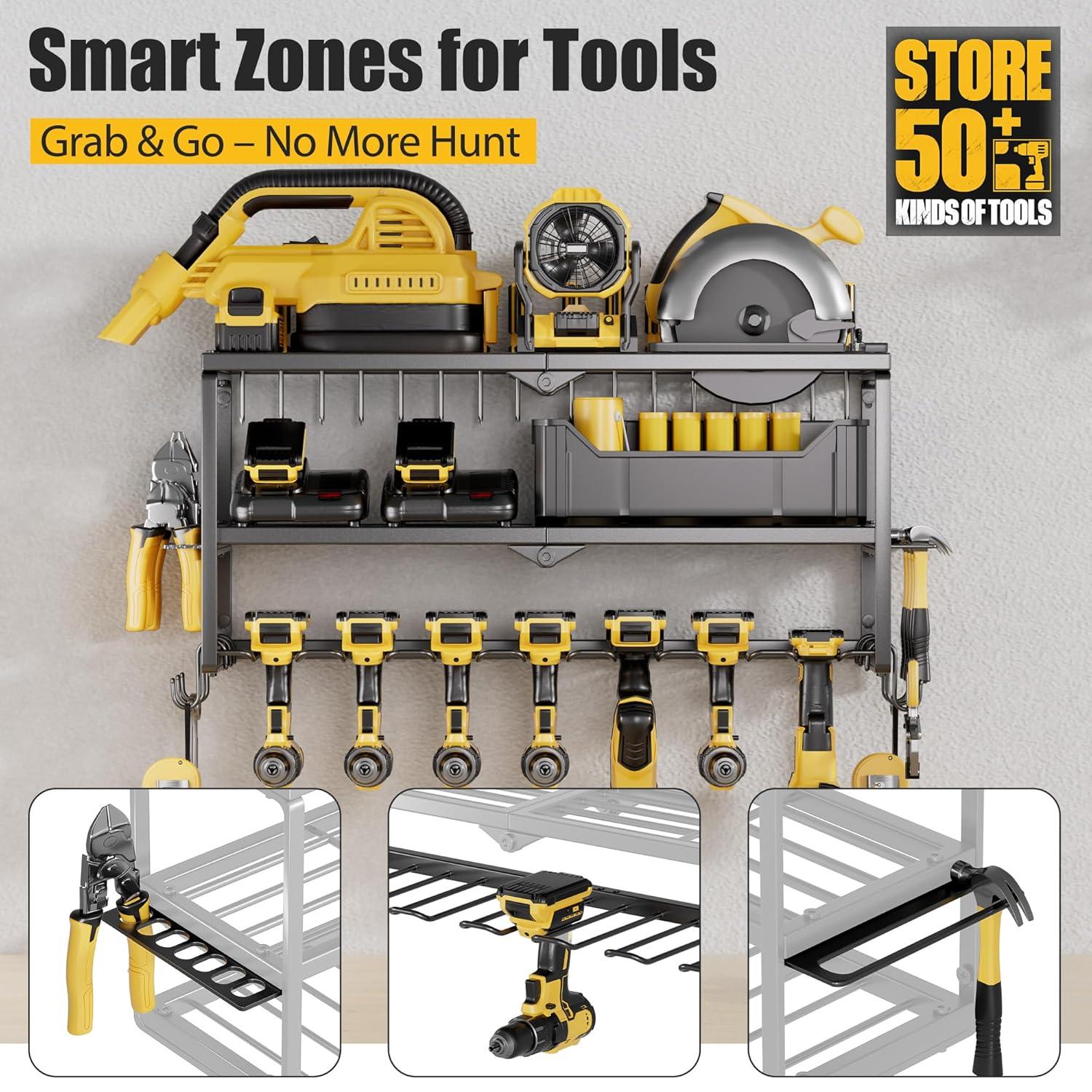Power Tool Organizer, 7 Drill Holder for Tool Organizer, Storage and Organization for Garage, Heavy Duty Metal Tool Shelf Utility Rack for Cordless Power Tools Suitable for Pegboard/Workshop