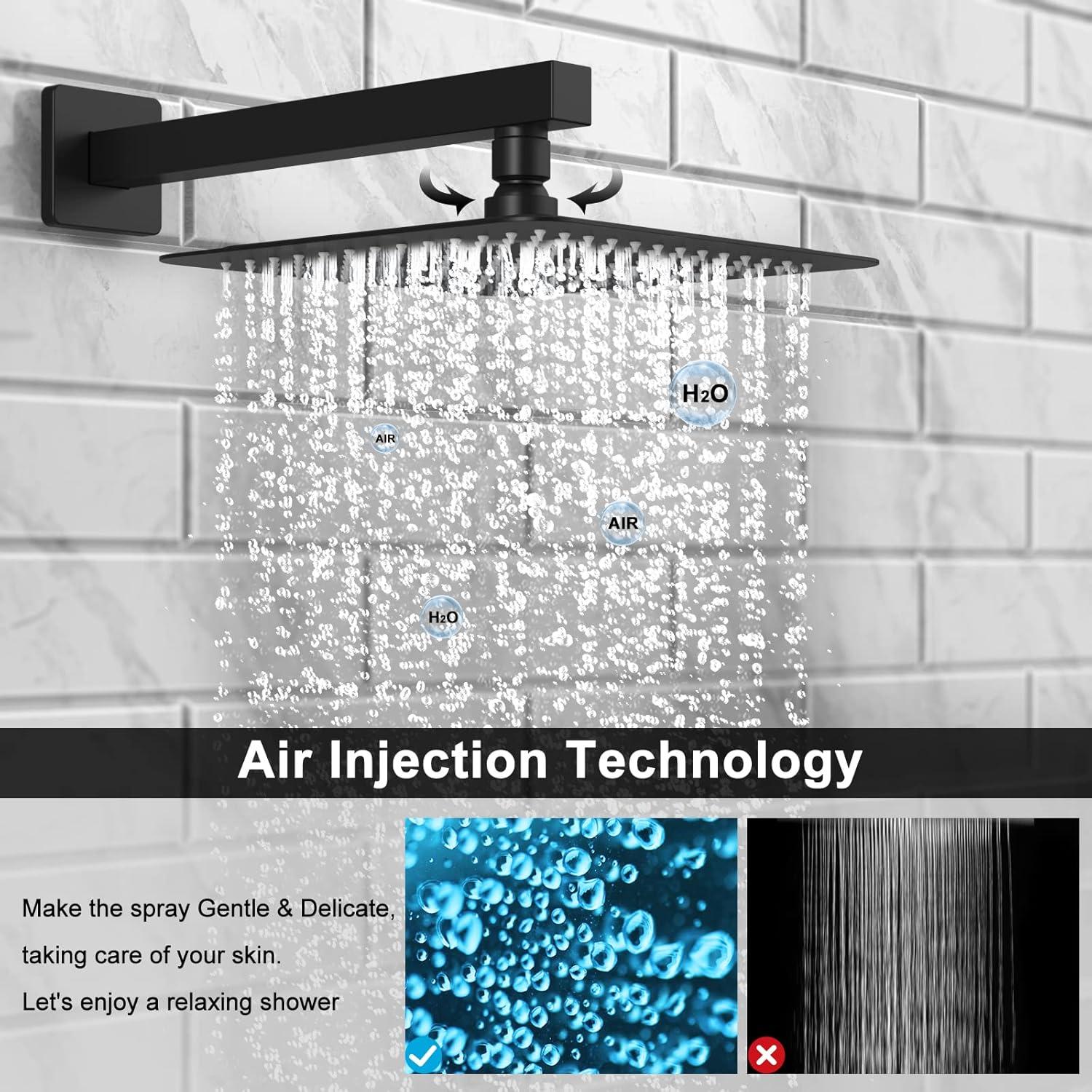 EMBATHER Black Shower System 12 Inches Shower Faucet Set with Square Rain Shower Head and Handheld For Bathroom, Matte Black Shower Combo Set Wall Mounted (Rough-in Valve & Trim Included)